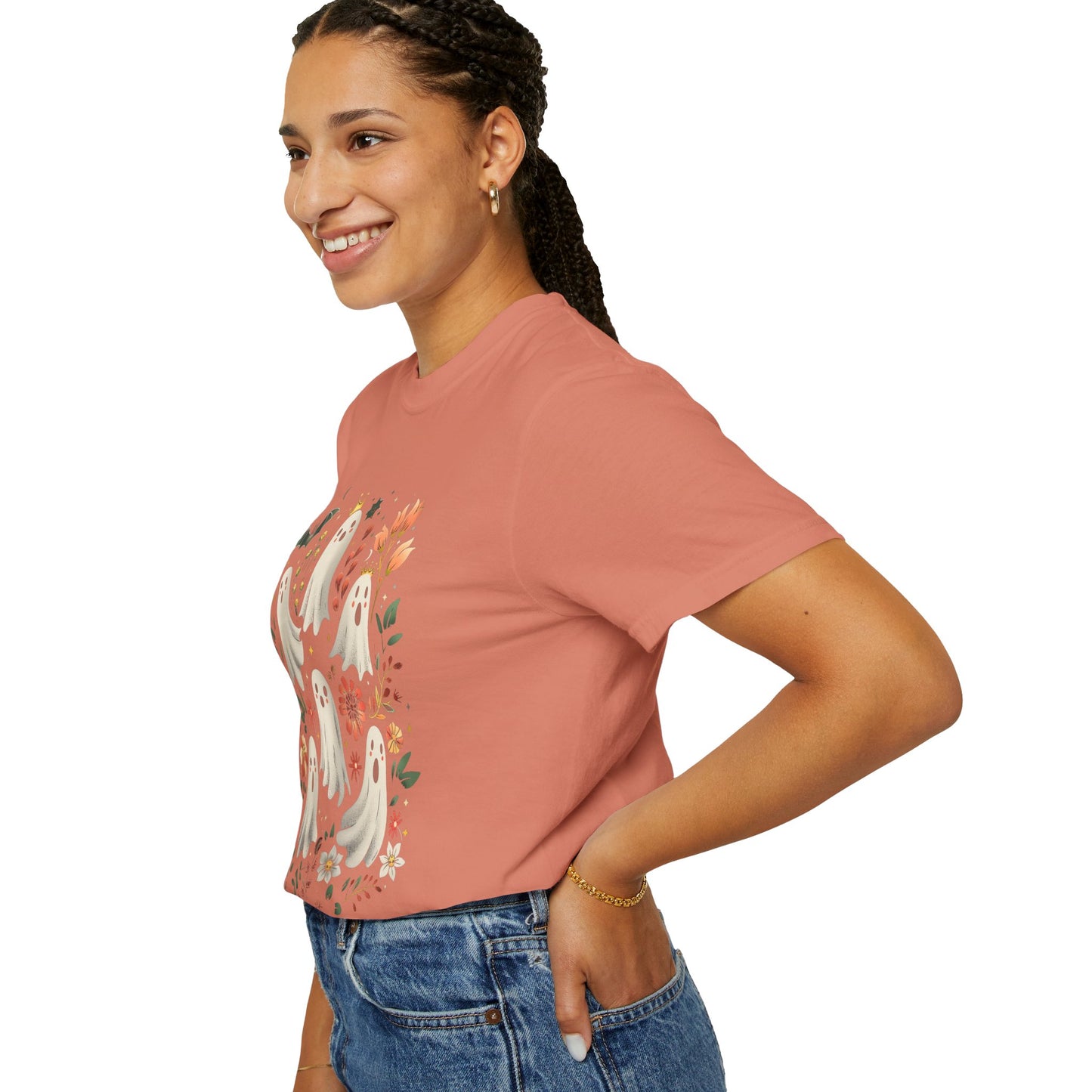 Whimsical Ghost T-Shirt | Halloween Apparel, Unisex Tee, Cute Ghost Design, Floral Graphic Tee, Casual Wear, Spooky Season