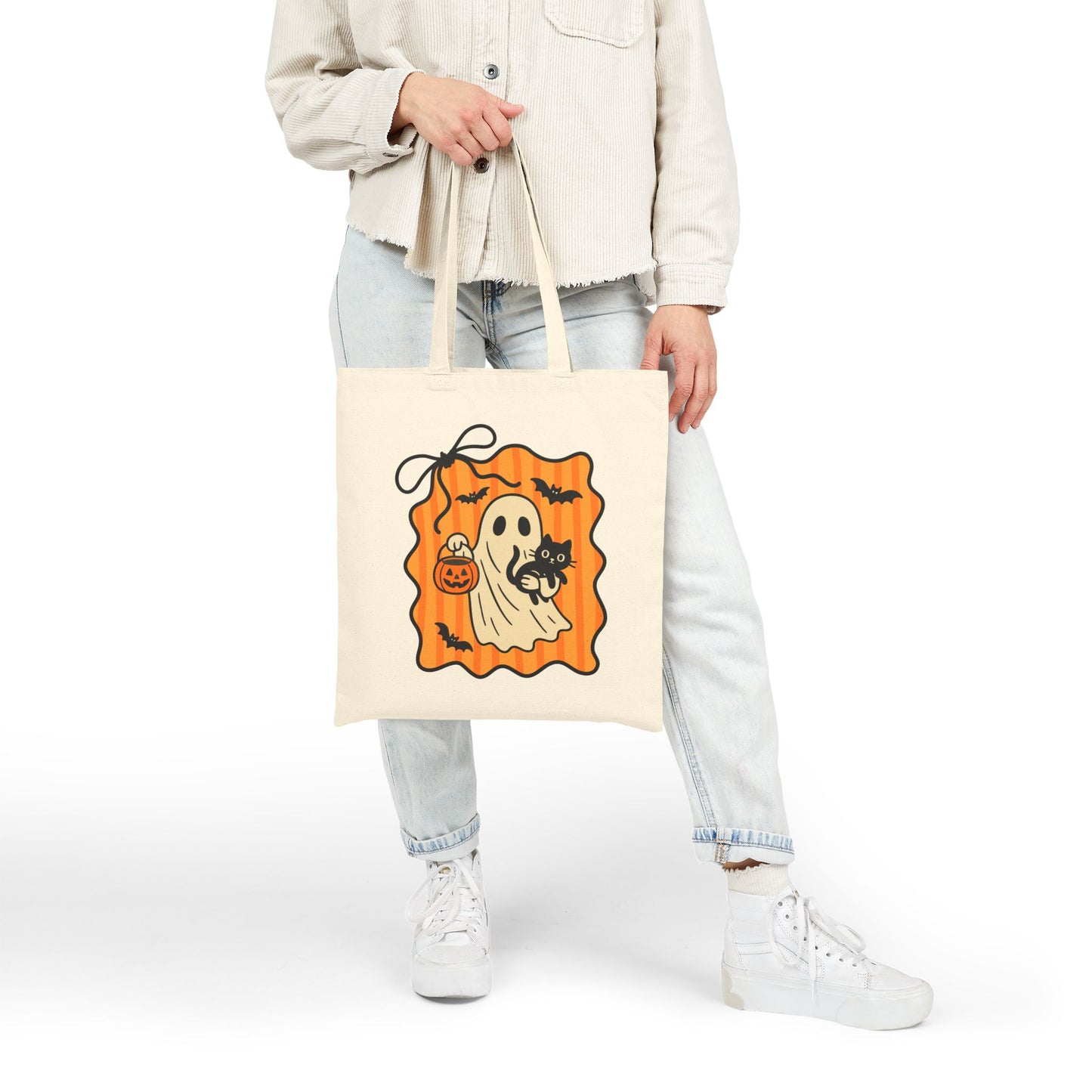 Spooky Ghost Cotton Canvas Tote Bag, Halloween Tote, Trick or Treat Bag, Eco-Friendly Shopping Bag, Cute Halloween Gift