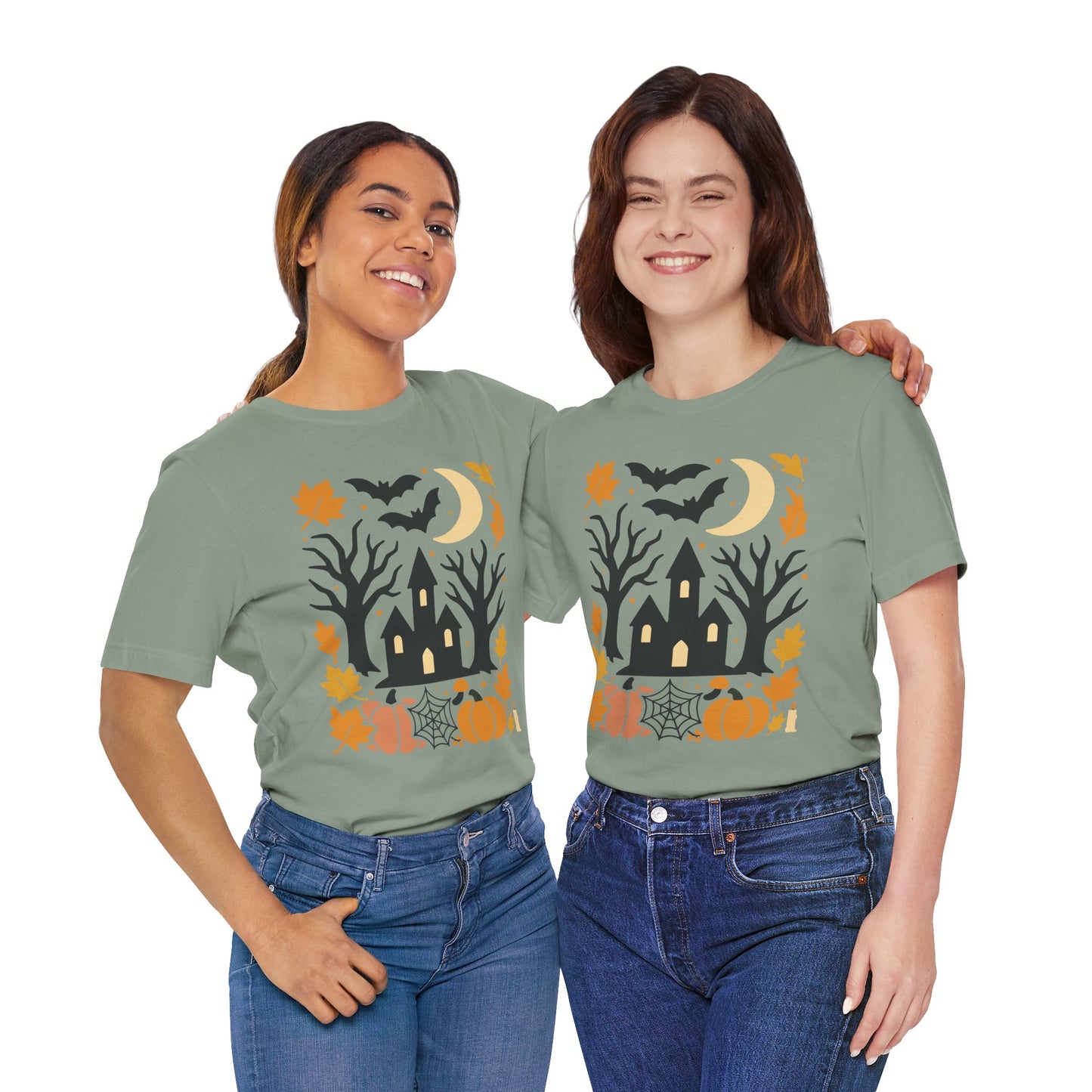 Halloween Haunted House Tee, Spooky Shirt, Fall Apparel, Unisex Halloween Top, Pumpkin & Bat Graphic Tee