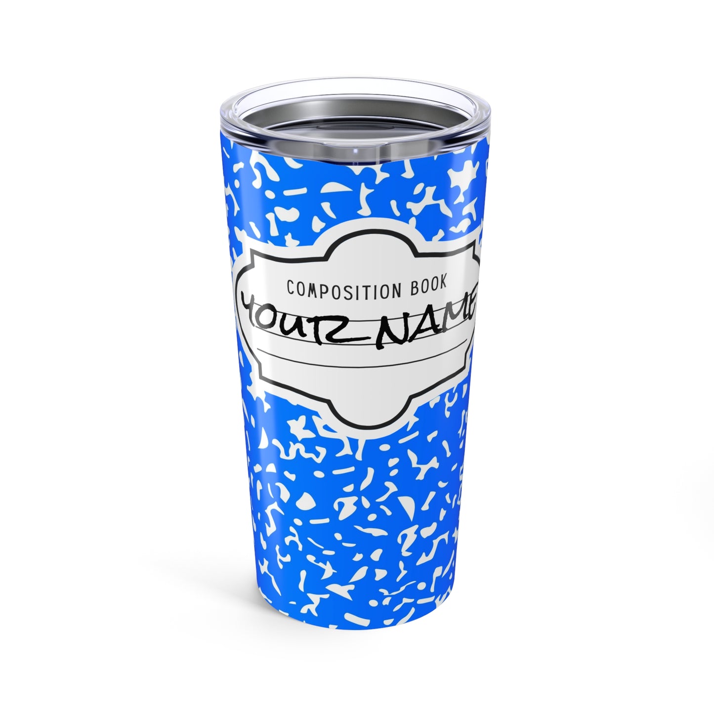 Personalized Composition Book Tumbler, Custom 20oz Travel Mug, Blue and White Insulated Cup, Ideal for Students, Teachers, Graduation Gift