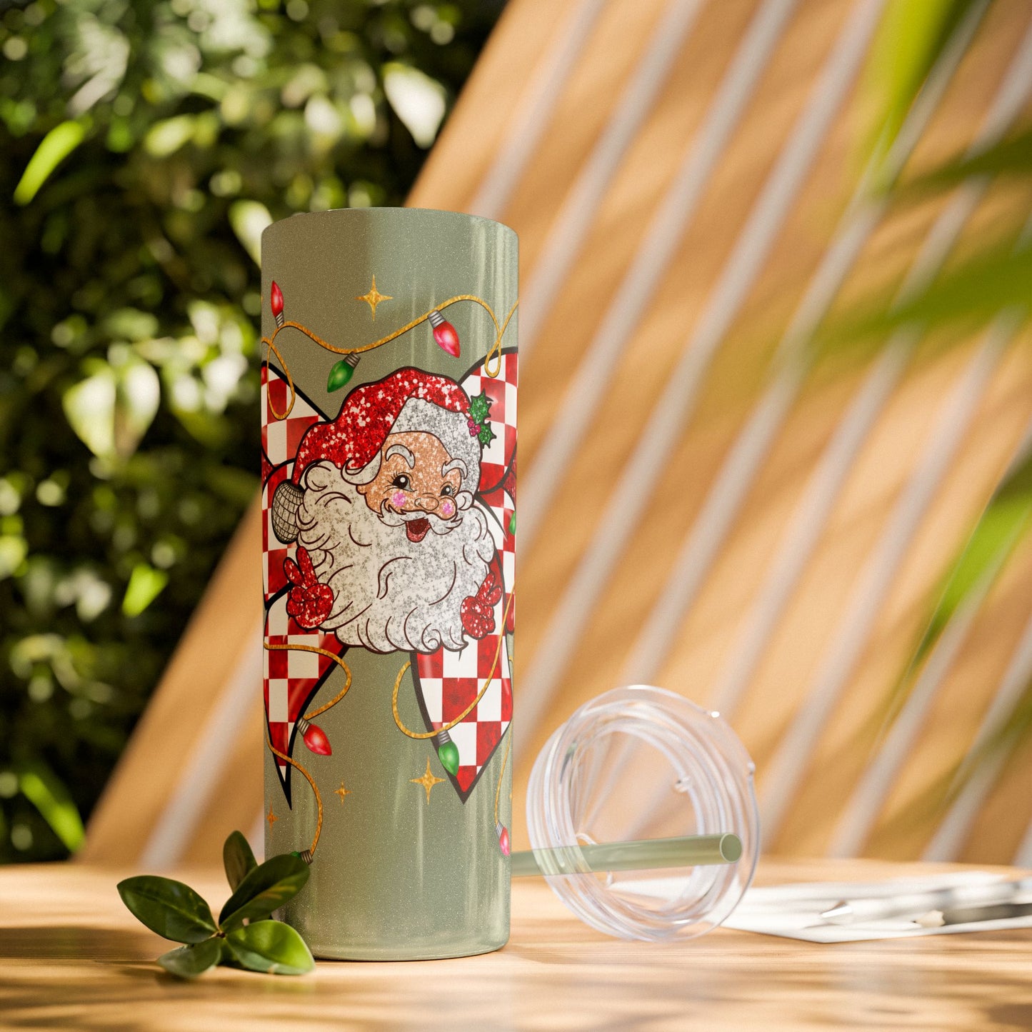 Santa & Checkered Bow Skinny Tumbler, 20 oz - Christmas Holiday Cup, Xmas Drinkware Gift, Festive Travel Mug, Winter Seasonal Beverage