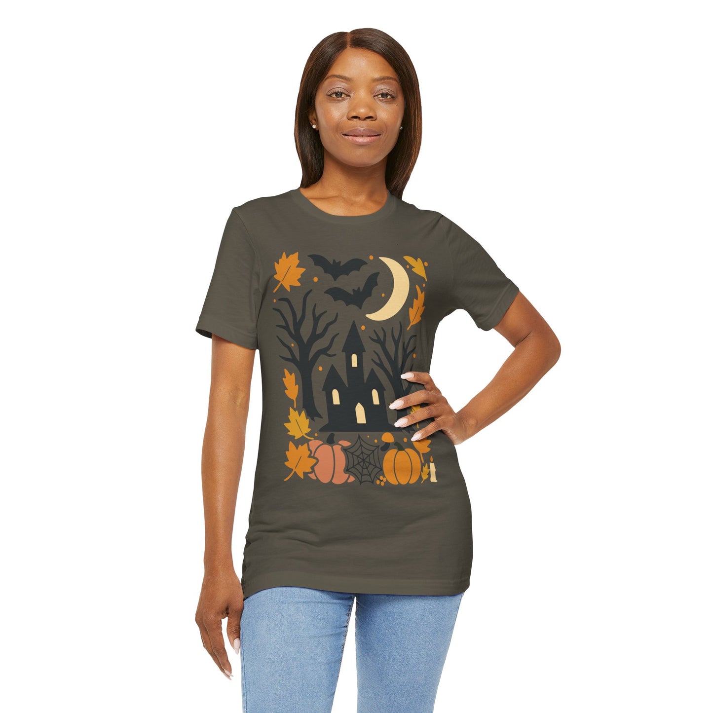 Halloween Haunted House Tee, Spooky Shirt, Fall Apparel, Unisex Halloween Top, Pumpkin & Bat Graphic Tee