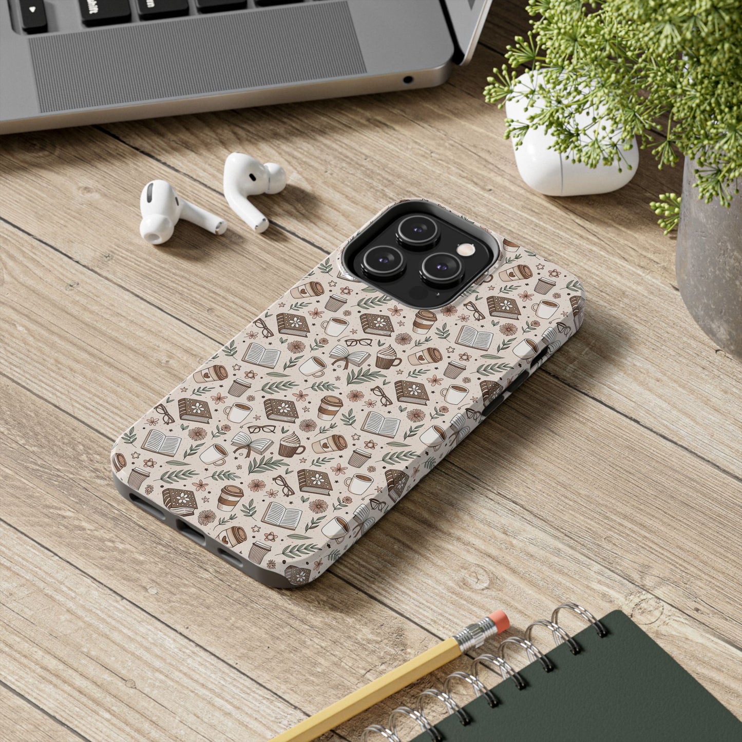 Cozy Books & Brews Tough Phone Cases - Literary Gift, Cute Coffee Pattern, Book Lover Accessory, Unique Phone Cover, Gift for Readers