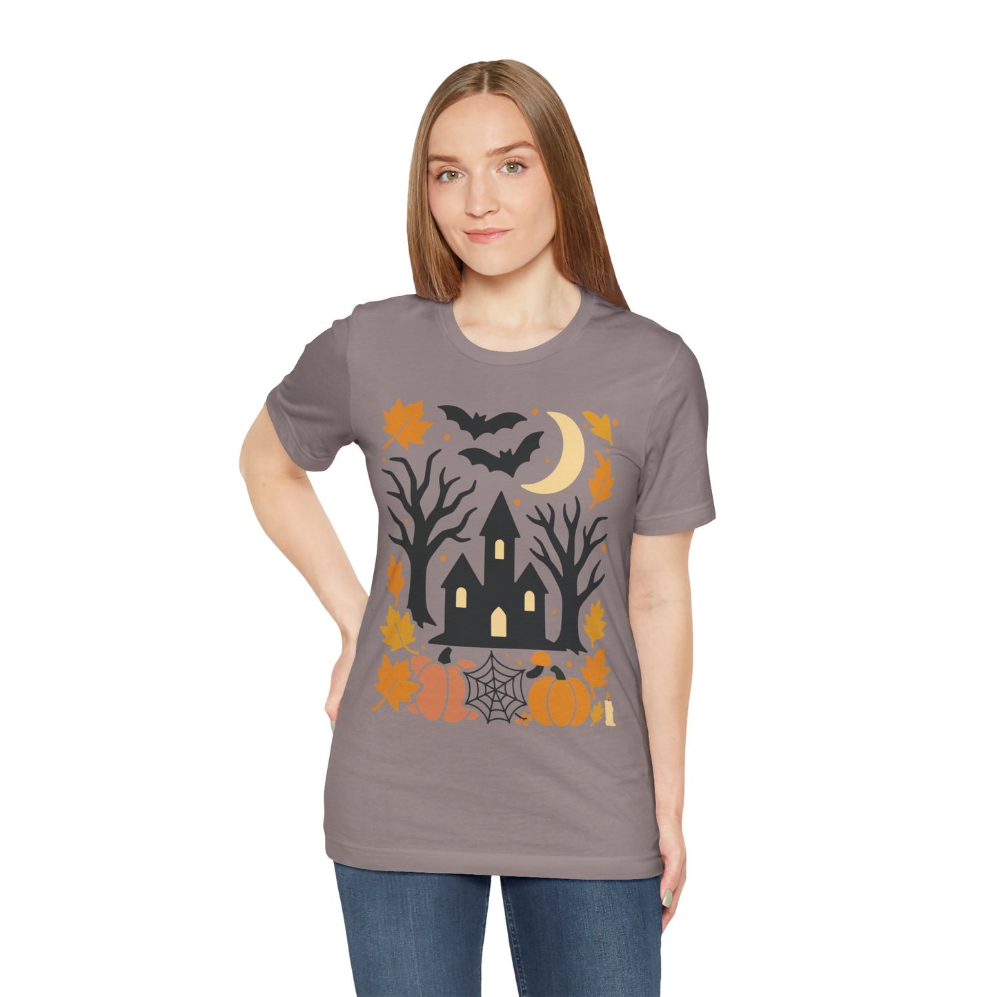 Halloween Haunted House Tee, Spooky Shirt, Fall Apparel, Unisex Halloween Top, Pumpkin & Bat Graphic Tee