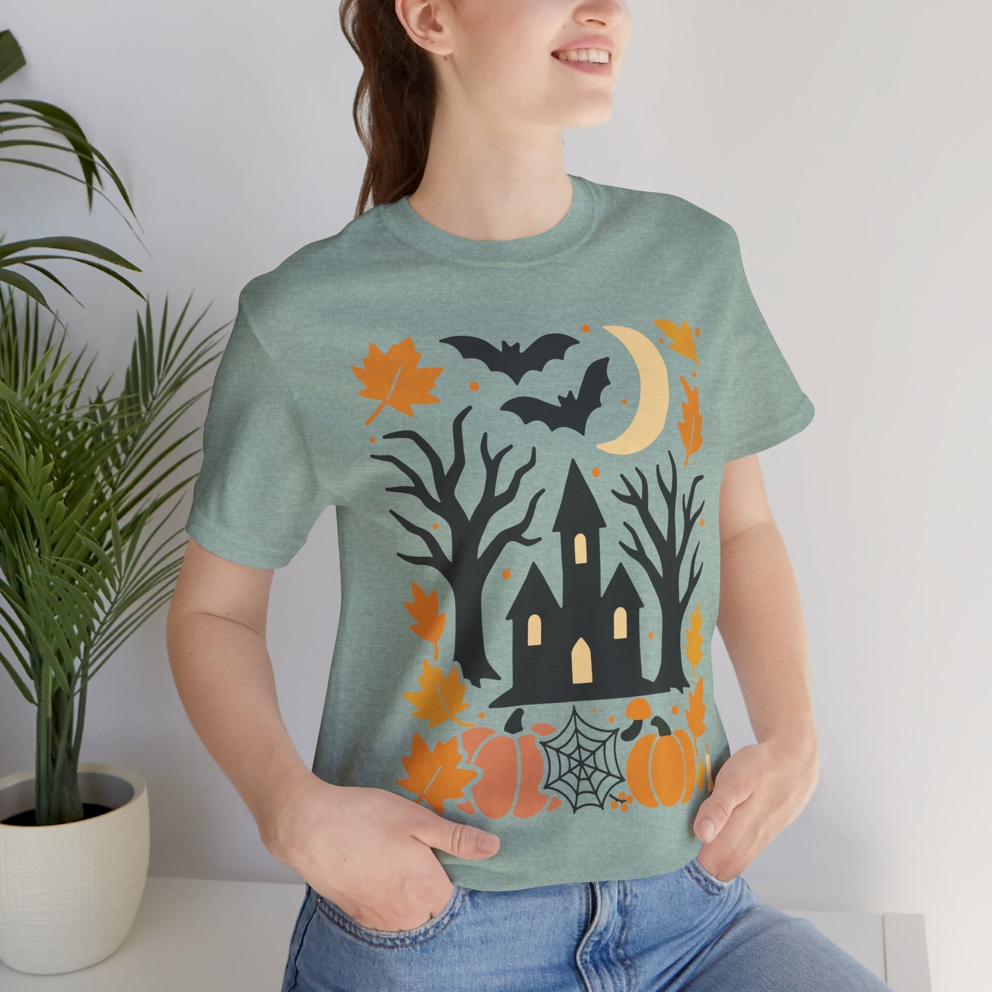 Halloween Haunted House Tee, Spooky Shirt, Fall Apparel, Unisex Halloween Top, Pumpkin & Bat Graphic Tee