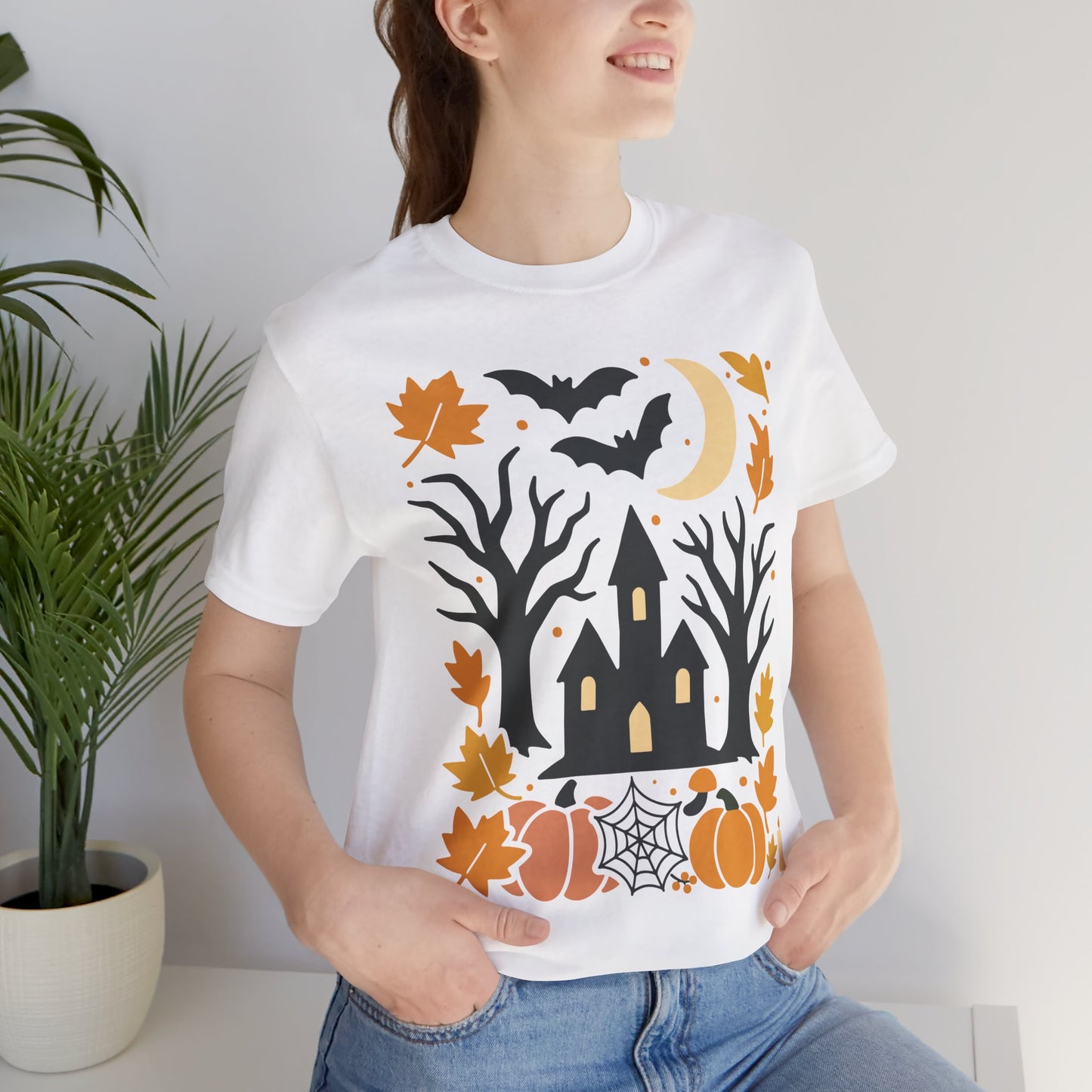 Halloween Haunted House Tee, Spooky Shirt, Fall Apparel, Unisex Halloween Top, Pumpkin & Bat Graphic Tee