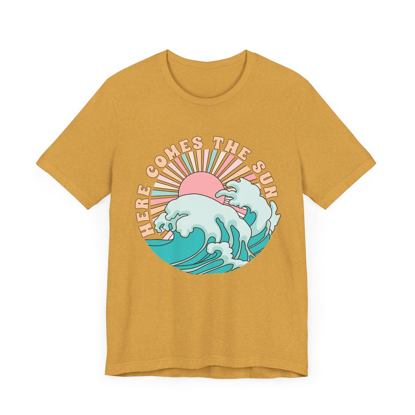 Unisex Beach Vibes Tee | Here Comes the Sun, Summer Shirt, Wave Art Tee, Gift for Ocean Lovers, Relaxed Summer Style