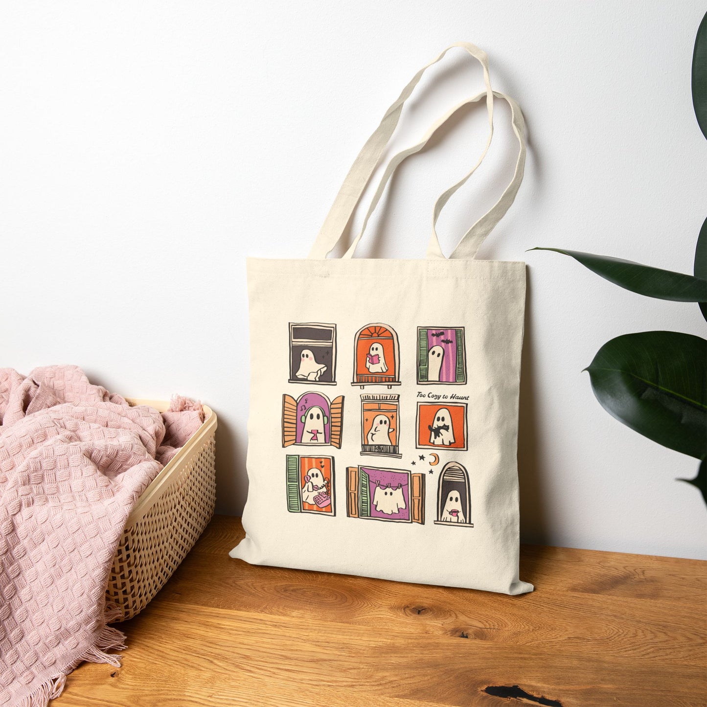 Whimsical Ghosts Cotton Canvas Tote Bag, Eco-Friendly Shopping Bag, Halloween Gift, Reusable Grocery Tote, Art Print Tote