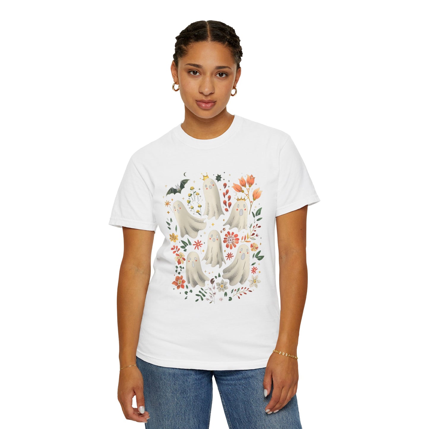 Whimsical Ghost T-Shirt | Halloween Apparel, Unisex Tee, Cute Ghost Design, Floral Graphic Tee, Casual Wear, Spooky Season