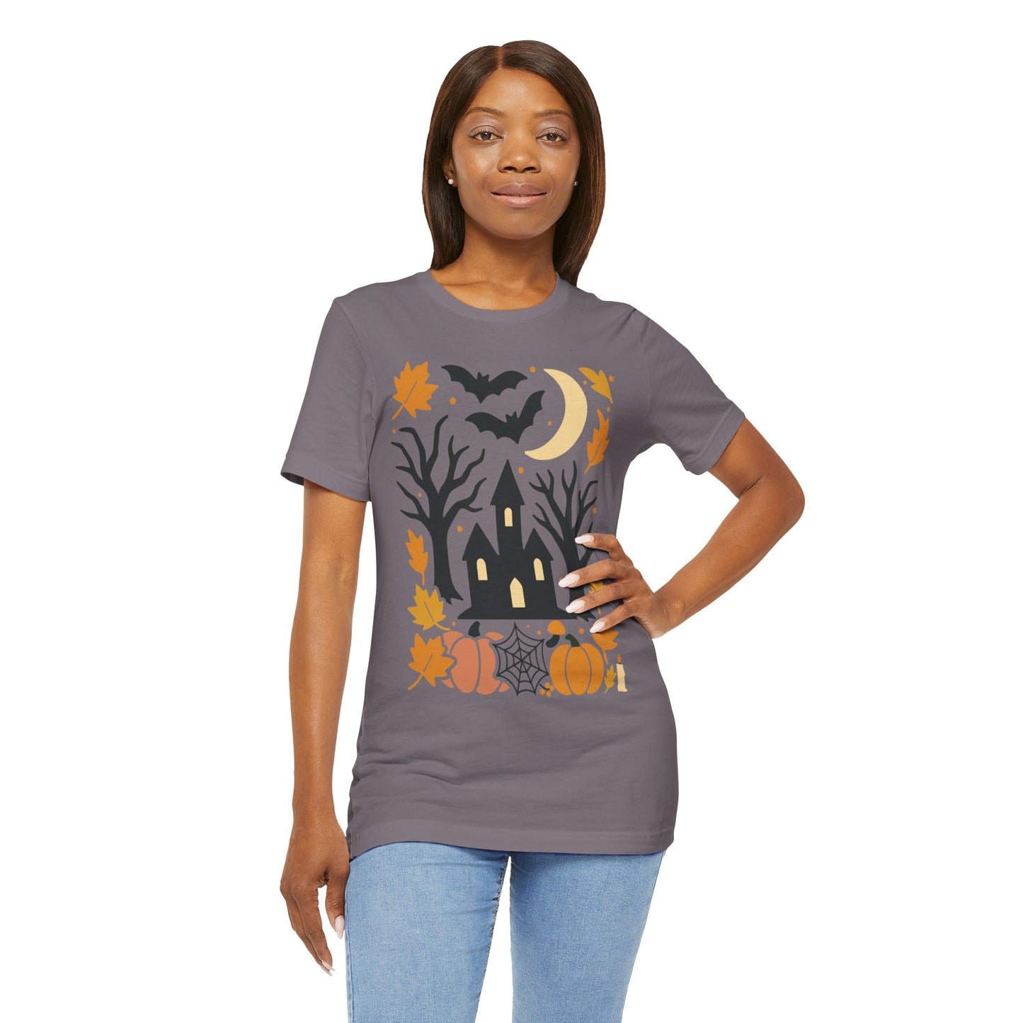 Halloween Haunted House Tee, Spooky Shirt, Fall Apparel, Unisex Halloween Top, Pumpkin & Bat Graphic Tee