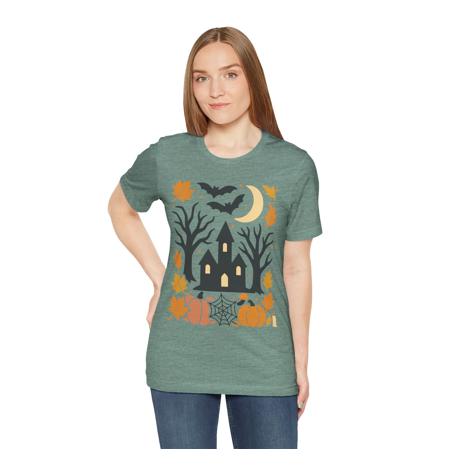 Halloween Haunted House Tee, Spooky Shirt, Fall Apparel, Unisex Halloween Top, Pumpkin & Bat Graphic Tee