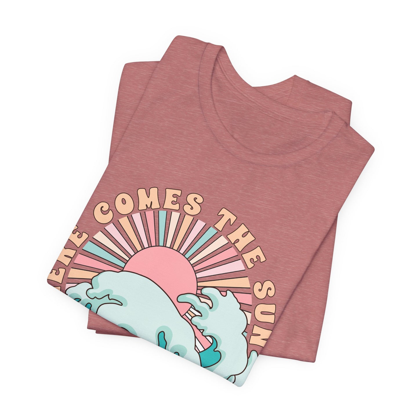 Unisex Beach Vibes Tee | Here Comes the Sun, Summer Shirt, Wave Art Tee, Gift for Ocean Lovers, Relaxed Summer Style