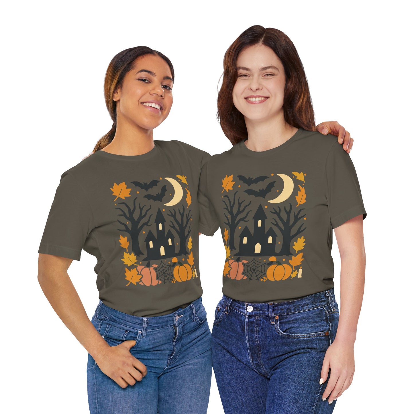 Halloween Haunted House Tee, Spooky Shirt, Fall Apparel, Unisex Halloween Top, Pumpkin & Bat Graphic Tee