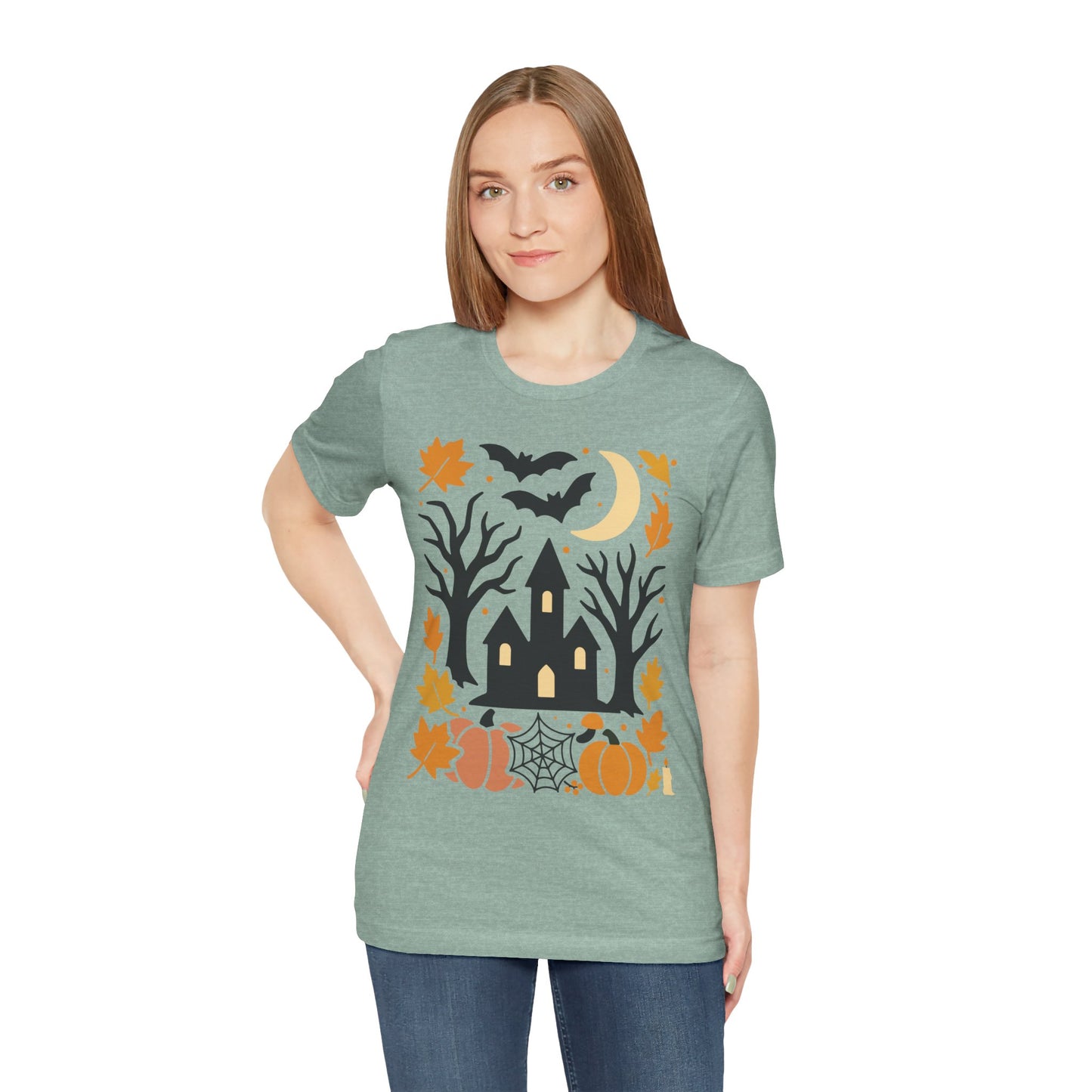 Halloween Haunted House Tee, Spooky Shirt, Fall Apparel, Unisex Halloween Top, Pumpkin & Bat Graphic Tee
