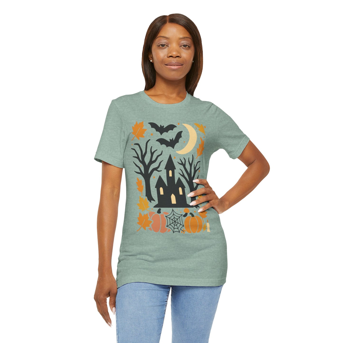 Halloween Haunted House Tee, Spooky Shirt, Fall Apparel, Unisex Halloween Top, Pumpkin & Bat Graphic Tee