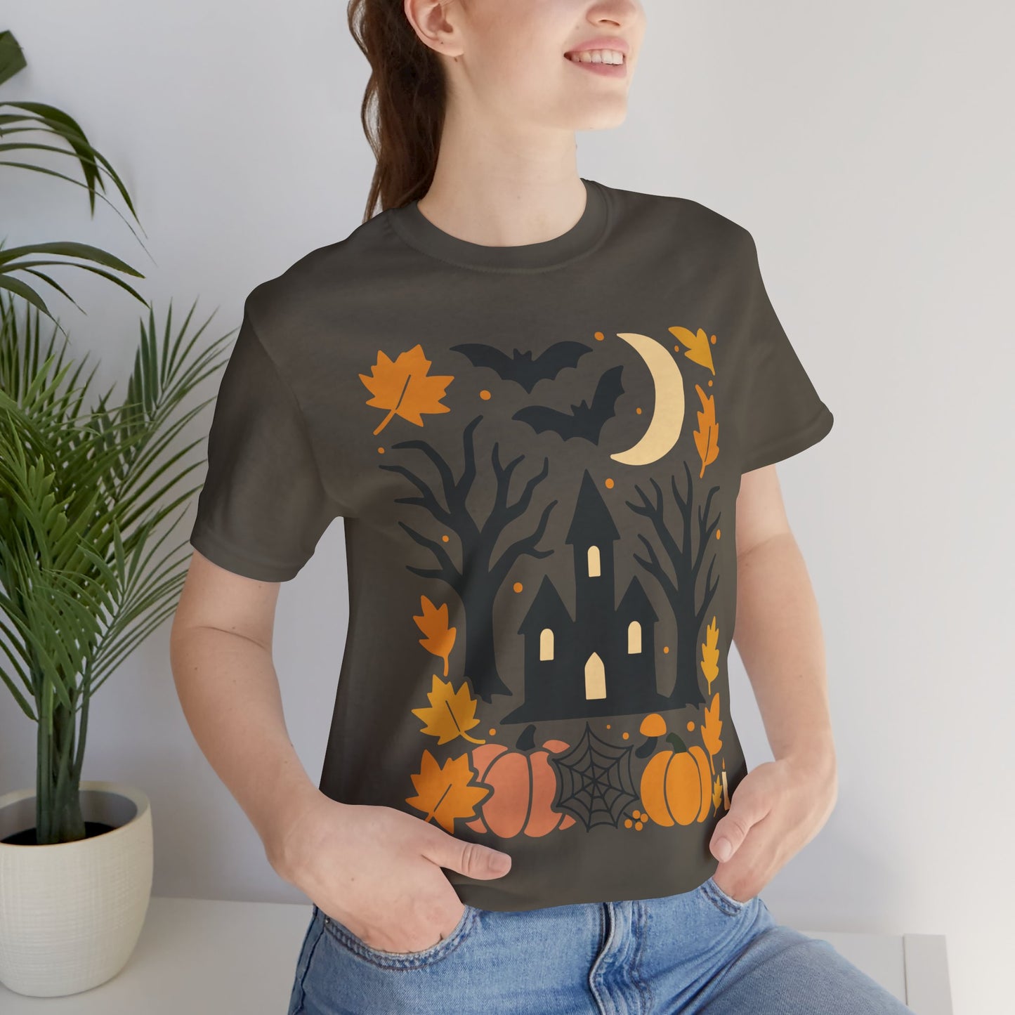 Halloween Haunted House Tee, Spooky Shirt, Fall Apparel, Unisex Halloween Top, Pumpkin & Bat Graphic Tee
