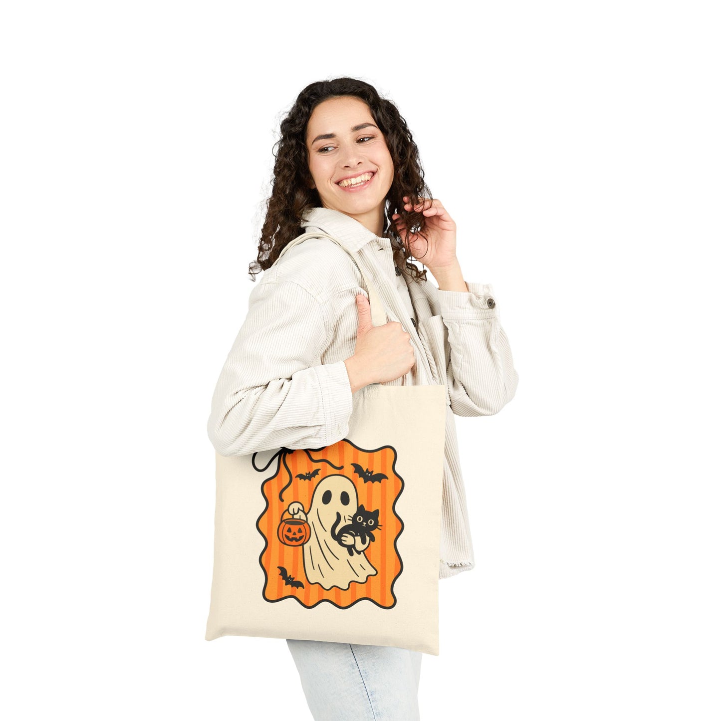 Spooky Ghost Cotton Canvas Tote Bag, Halloween Tote, Trick or Treat Bag, Eco-Friendly Shopping Bag, Cute Halloween Gift