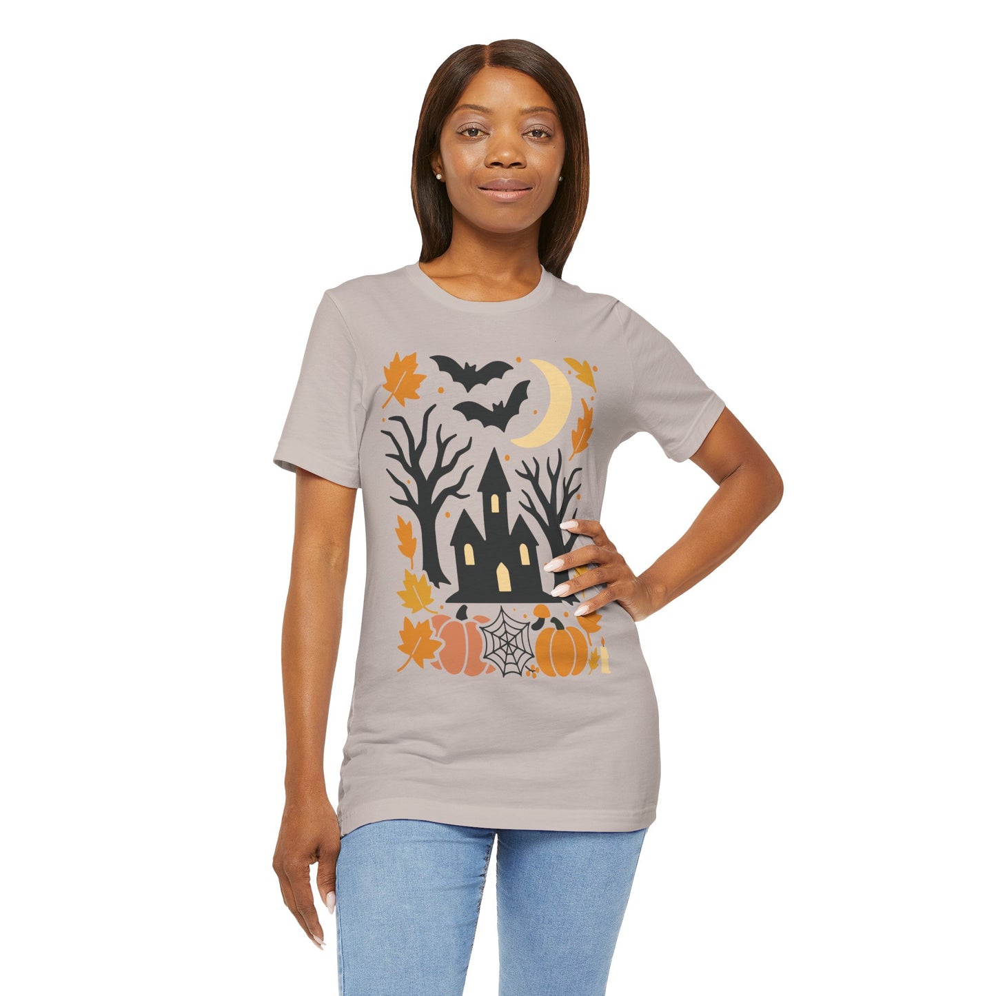 Halloween Haunted House Tee, Spooky Shirt, Fall Apparel, Unisex Halloween Top, Pumpkin & Bat Graphic Tee