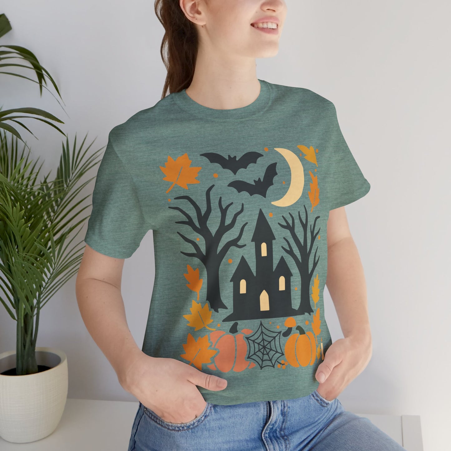 Halloween Haunted House Tee, Spooky Shirt, Fall Apparel, Unisex Halloween Top, Pumpkin & Bat Graphic Tee