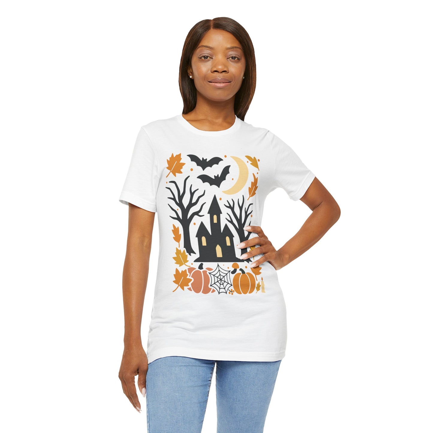 Halloween Haunted House Tee, Spooky Shirt, Fall Apparel, Unisex Halloween Top, Pumpkin & Bat Graphic Tee