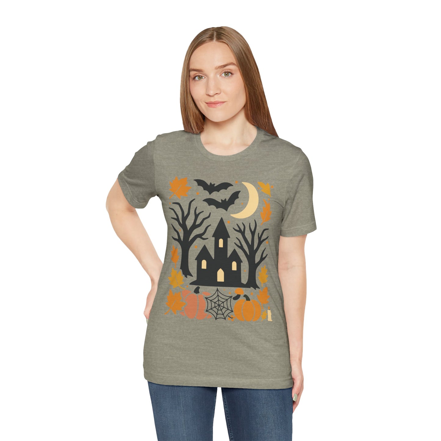 Halloween Haunted House Tee, Spooky Shirt, Fall Apparel, Unisex Halloween Top, Pumpkin & Bat Graphic Tee