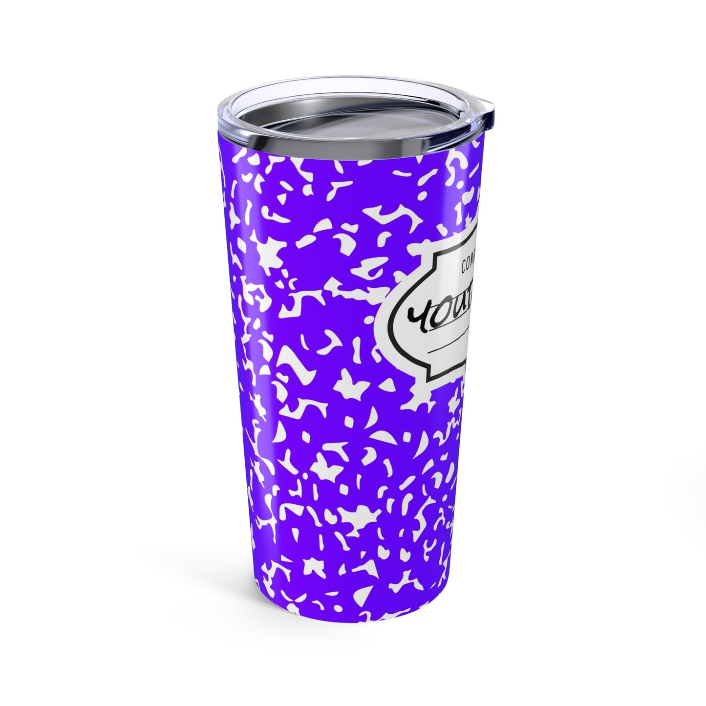 Personalized Composition Book Tumbler, Custom 20oz Travel Mug, Purple and White Insulated Cup, Ideal for Students, Teachers, Graduation Gift