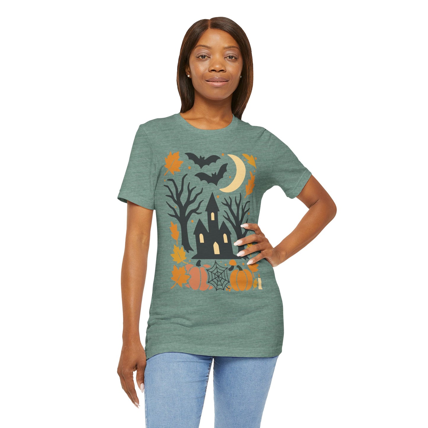 Halloween Haunted House Tee, Spooky Shirt, Fall Apparel, Unisex Halloween Top, Pumpkin & Bat Graphic Tee