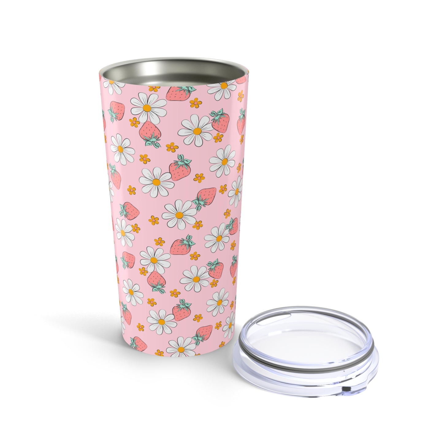Floral Pattern Tumbler - 20oz Insulated Travel Mug, Pink Strawberry Design, Perfect for Summer Picnics, Gifts for Her, Reusable Drinkware