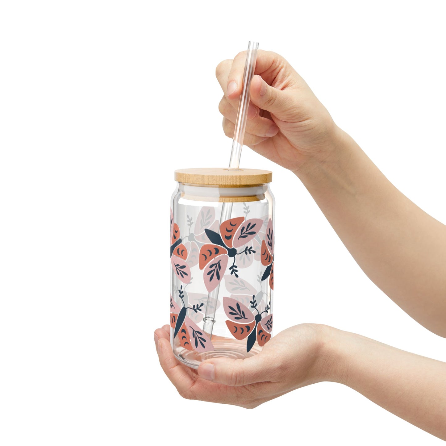 Floral Sipper Glass, 16oz, Eco-Friendly Drinkware, Reusable Beverage Container, Gift for Tea Lovers, Perfect for Summer Parties