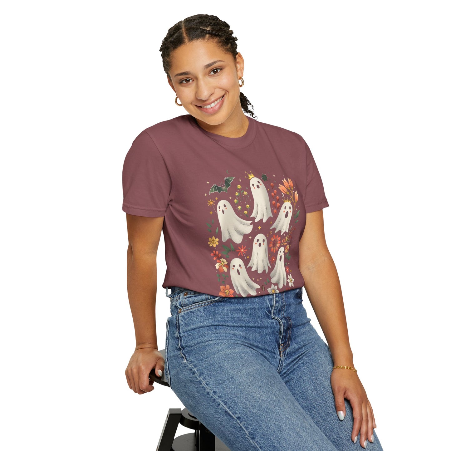 Whimsical Ghost T-Shirt | Halloween Apparel, Unisex Tee, Cute Ghost Design, Floral Graphic Tee, Casual Wear, Spooky Season