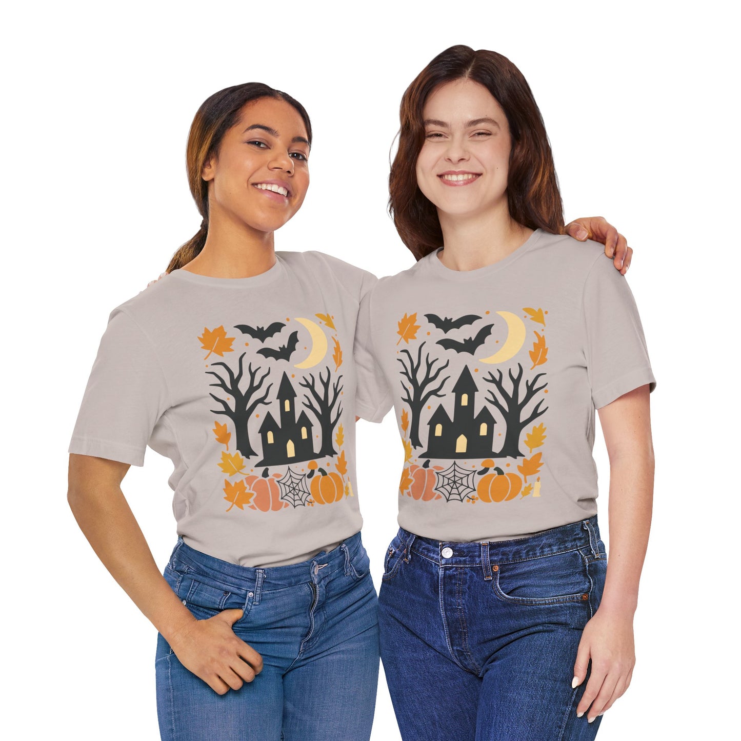 Halloween Haunted House Tee, Spooky Shirt, Fall Apparel, Unisex Halloween Top, Pumpkin & Bat Graphic Tee