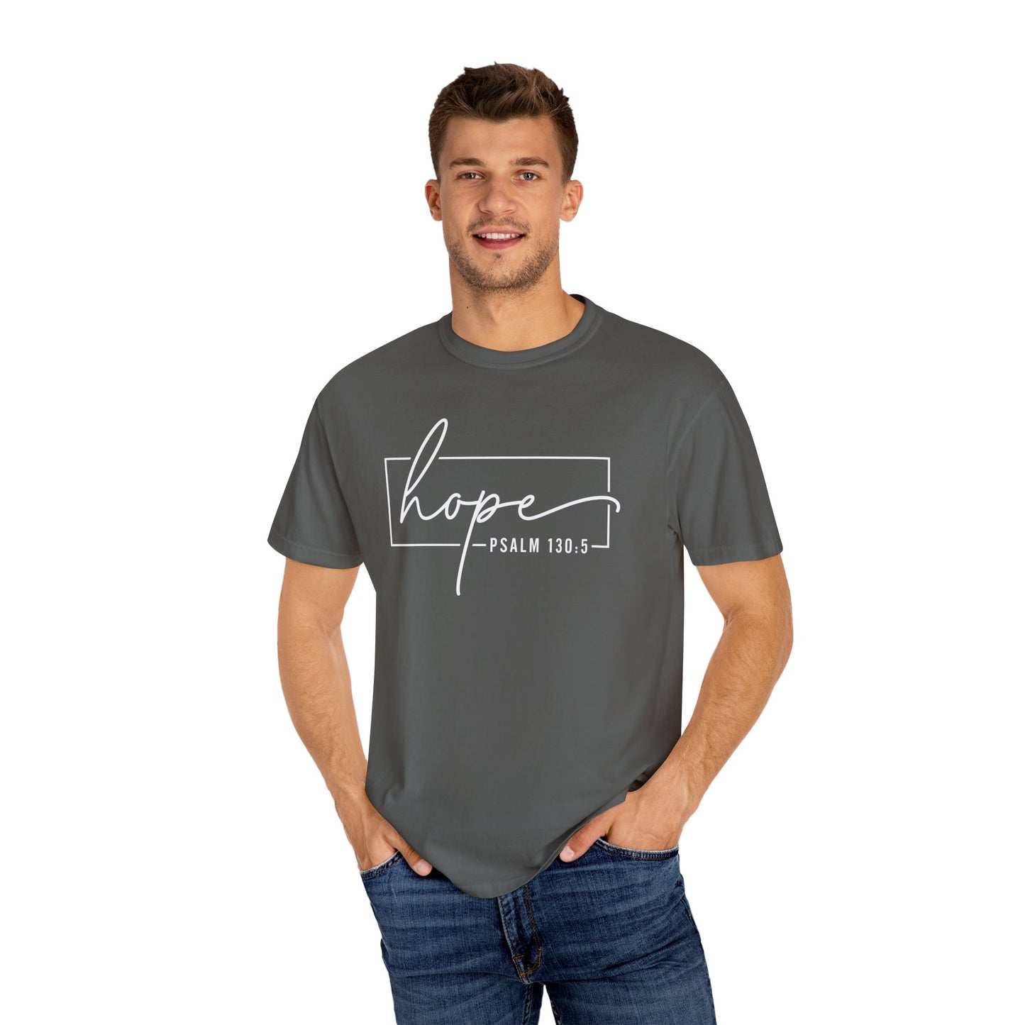 Hope T-Shirt, Garment-Dyed Tee, Inspirational Apparel, Christian Gift, Faith-Based Fashion, Psalm 130:5 Quote Shirt
