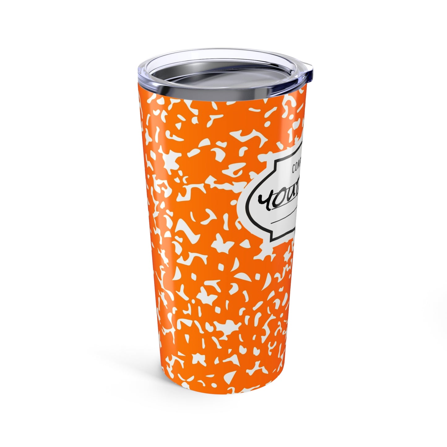 Personalized Composition Book Tumbler, Custom 20oz Travel Mug, Orange and White Insulated Cup, Ideal for Students, Teachers, Graduation Gift