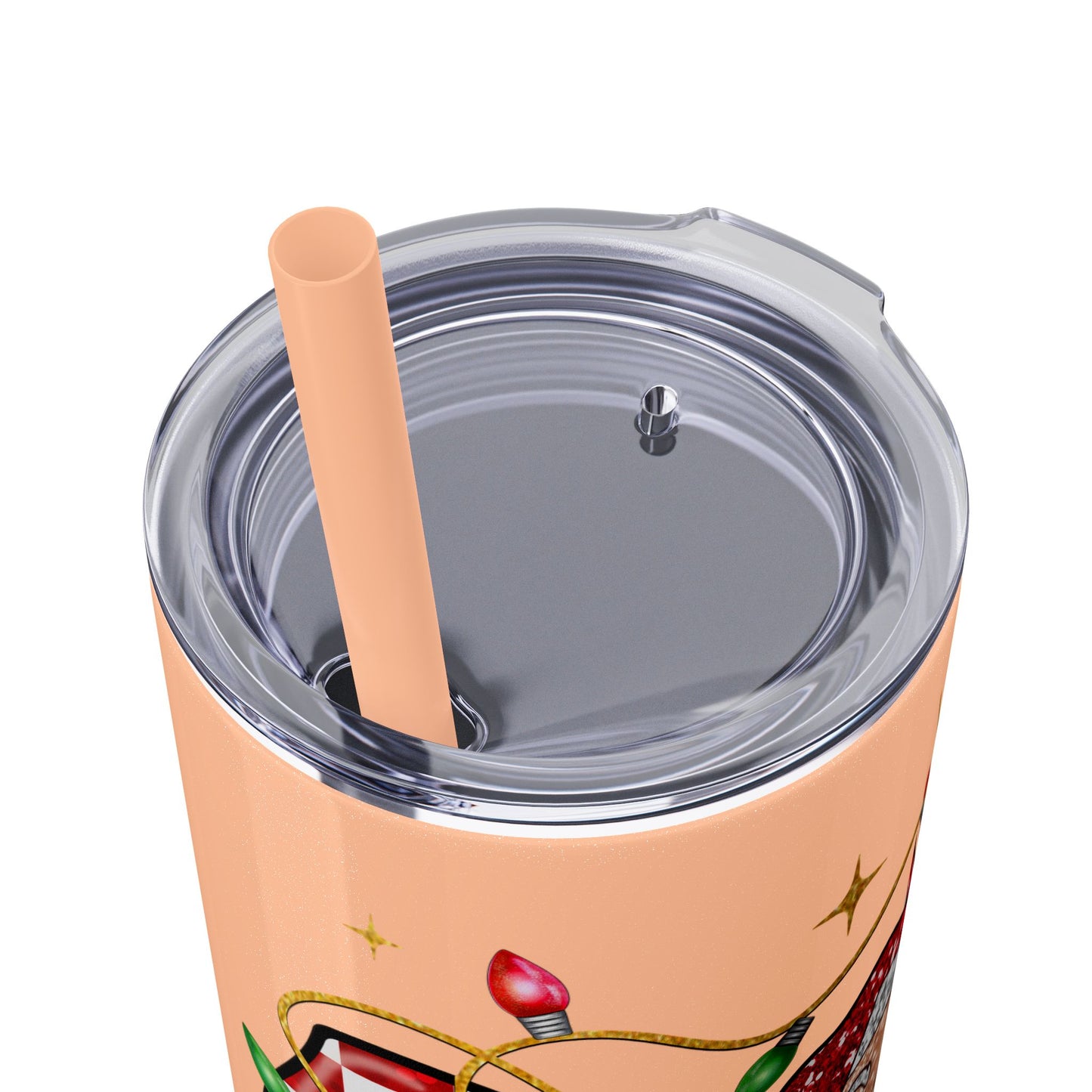 Santa & Checkered Bow Skinny Tumbler, 20 oz - Christmas Holiday Cup, Xmas Drinkware Gift, Festive Travel Mug, Winter Seasonal Beverage