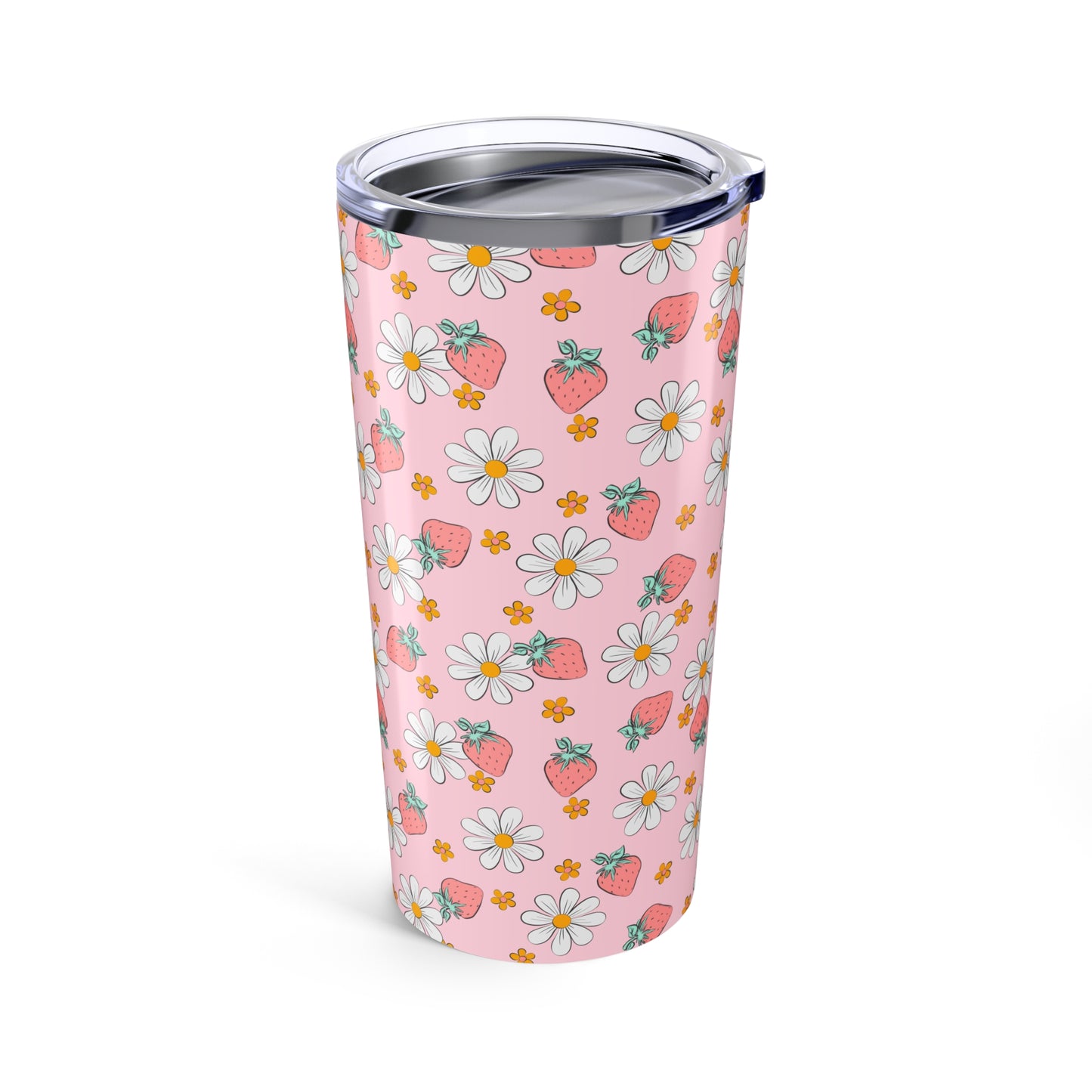 Floral Pattern Tumbler - 20oz Insulated Travel Mug, Pink Strawberry Design, Perfect for Summer Picnics, Gifts for Her, Reusable Drinkware