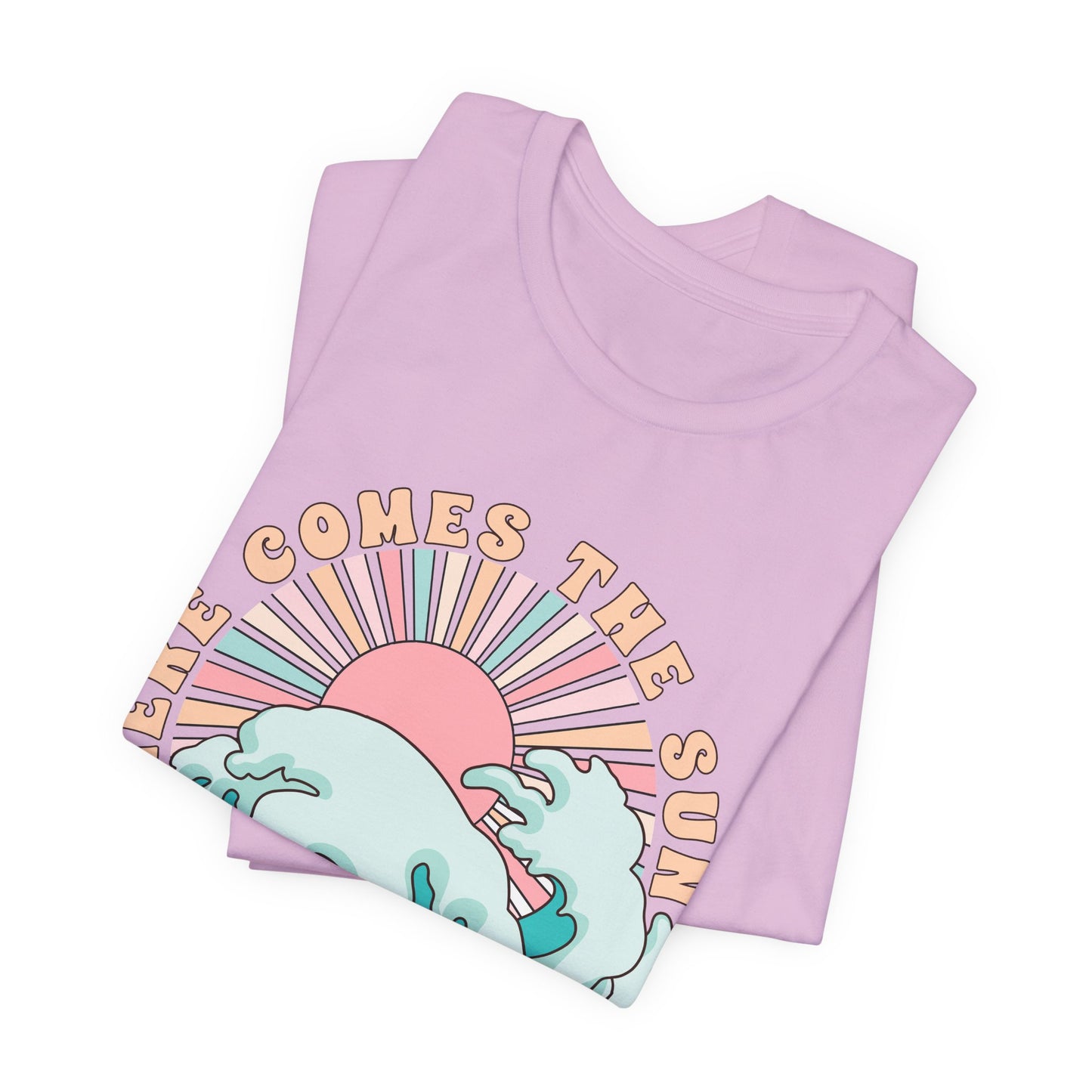 Unisex Beach Vibes Tee | Here Comes the Sun, Summer Shirt, Wave Art Tee, Gift for Ocean Lovers, Relaxed Summer Style