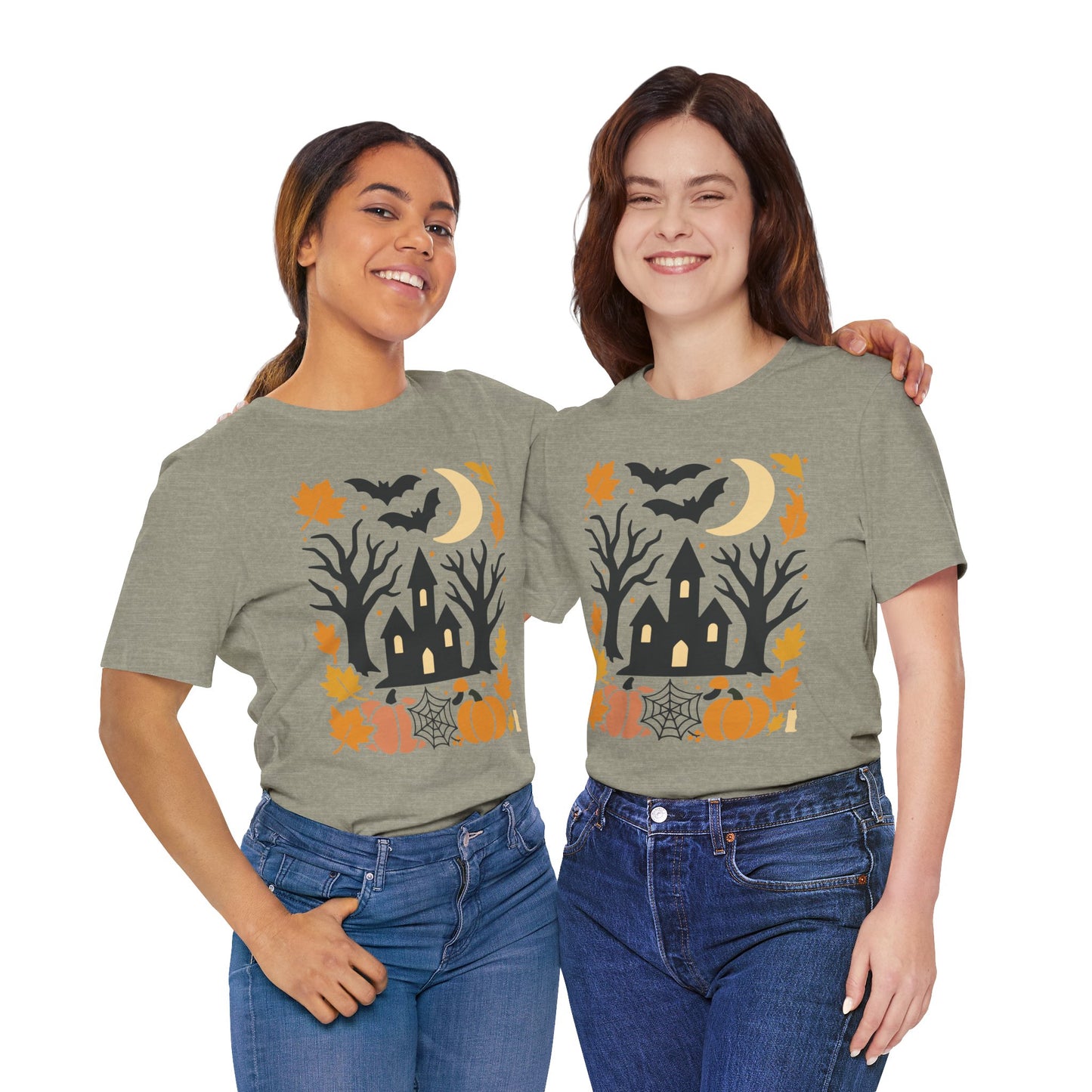 Halloween Haunted House Tee, Spooky Shirt, Fall Apparel, Unisex Halloween Top, Pumpkin & Bat Graphic Tee