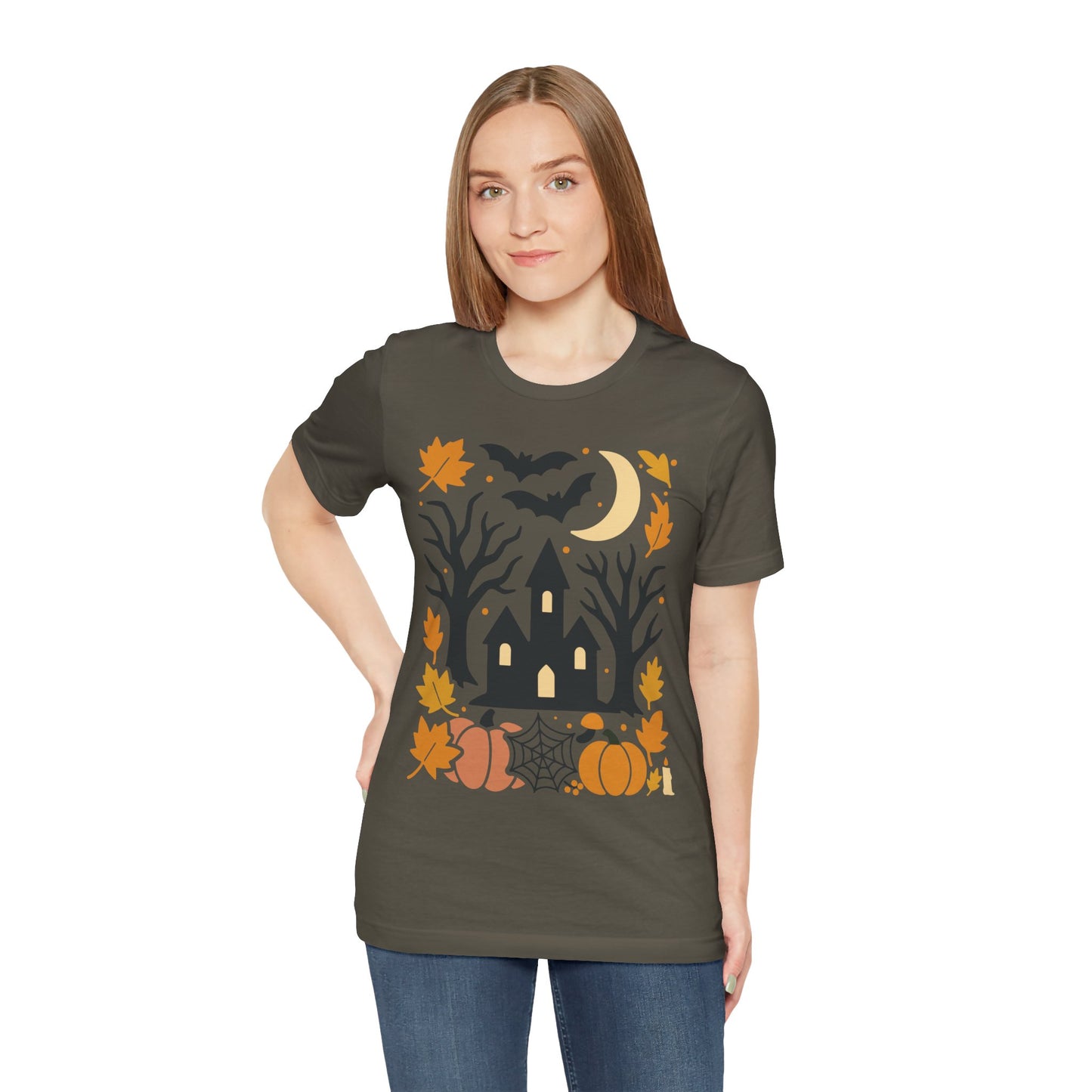 Halloween Haunted House Tee, Spooky Shirt, Fall Apparel, Unisex Halloween Top, Pumpkin & Bat Graphic Tee