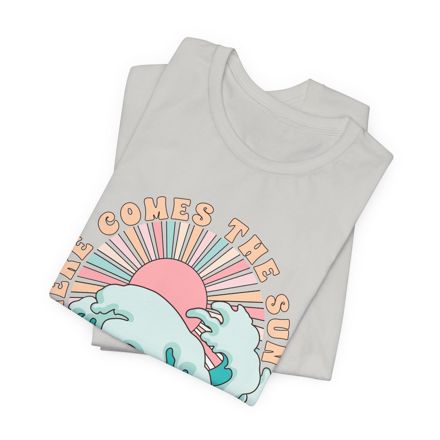 Unisex Beach Vibes Tee | Here Comes the Sun, Summer Shirt, Wave Art Tee, Gift for Ocean Lovers, Relaxed Summer Style
