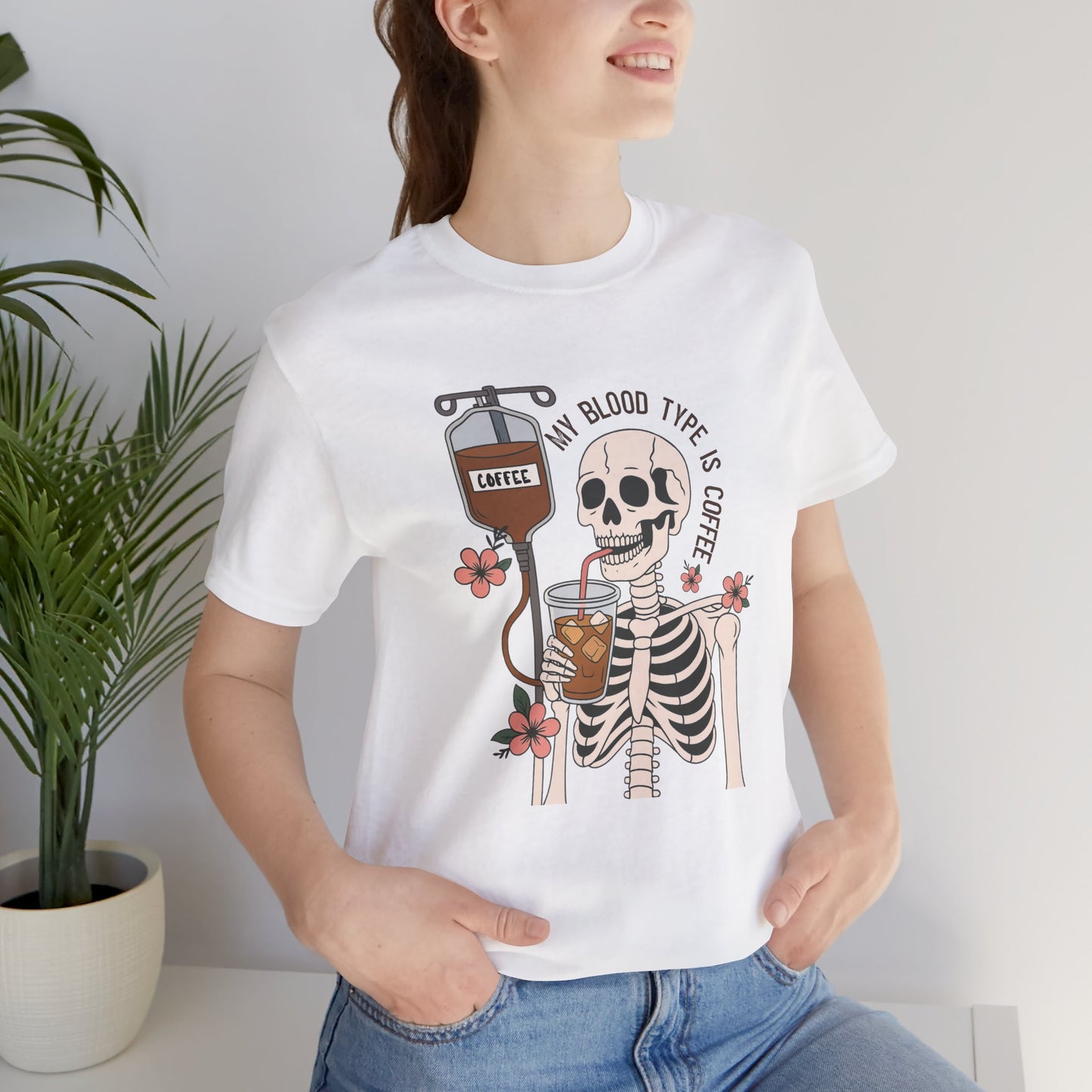 Coffee Lover's Skeleton Tee - Unisex Short Sleeve Shirt, Ideal Gift for Coffee Addicts, Fun Halloween Apparel, Quirky Coffee Shirt