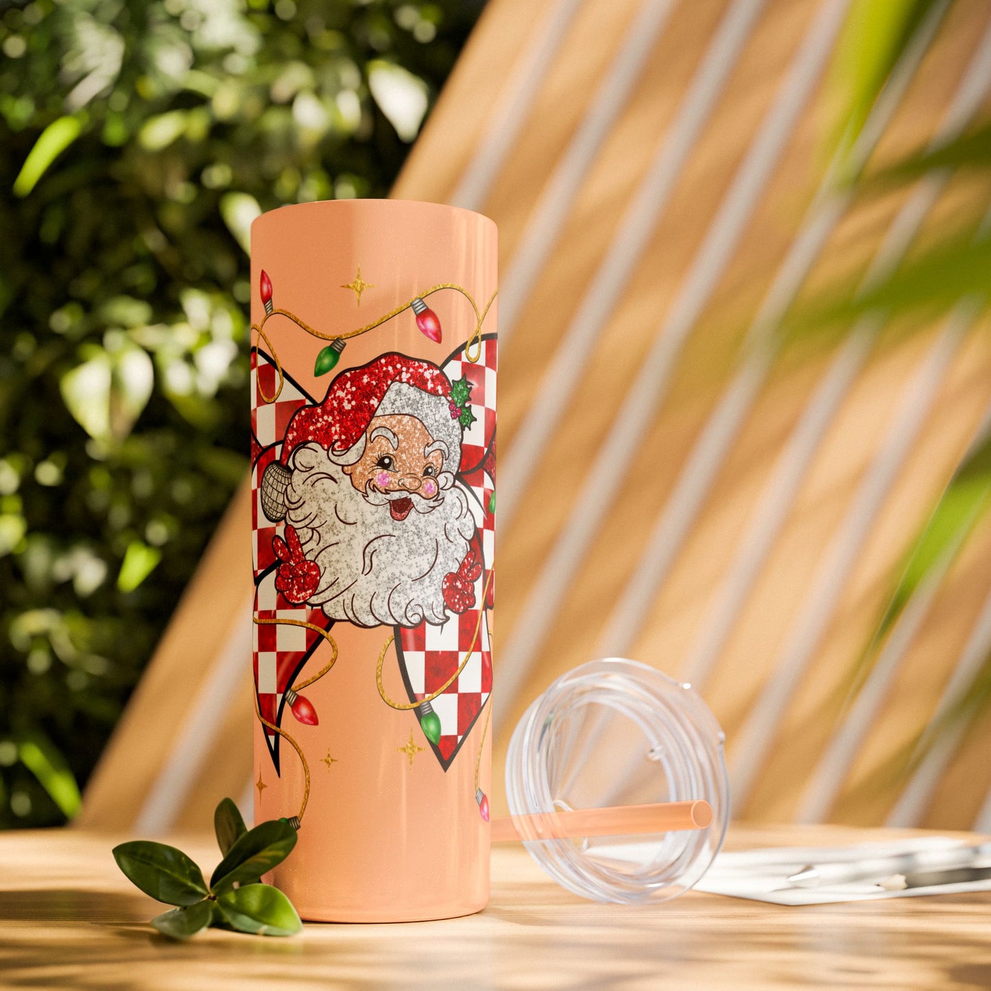 Santa & Checkered Bow Skinny Tumbler, 20 oz - Christmas Holiday Cup, Xmas Drinkware Gift, Festive Travel Mug, Winter Seasonal Beverage
