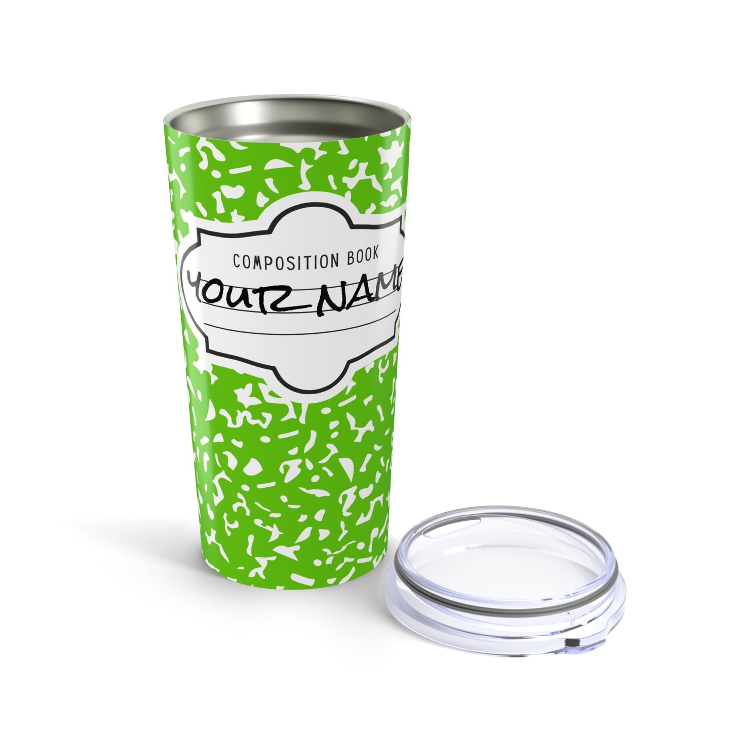 Personalized Composition Book Tumbler, Custom 20oz Travel Mug, Green and White Insulated Cup, Ideal for Students, Teachers, Graduation Gift