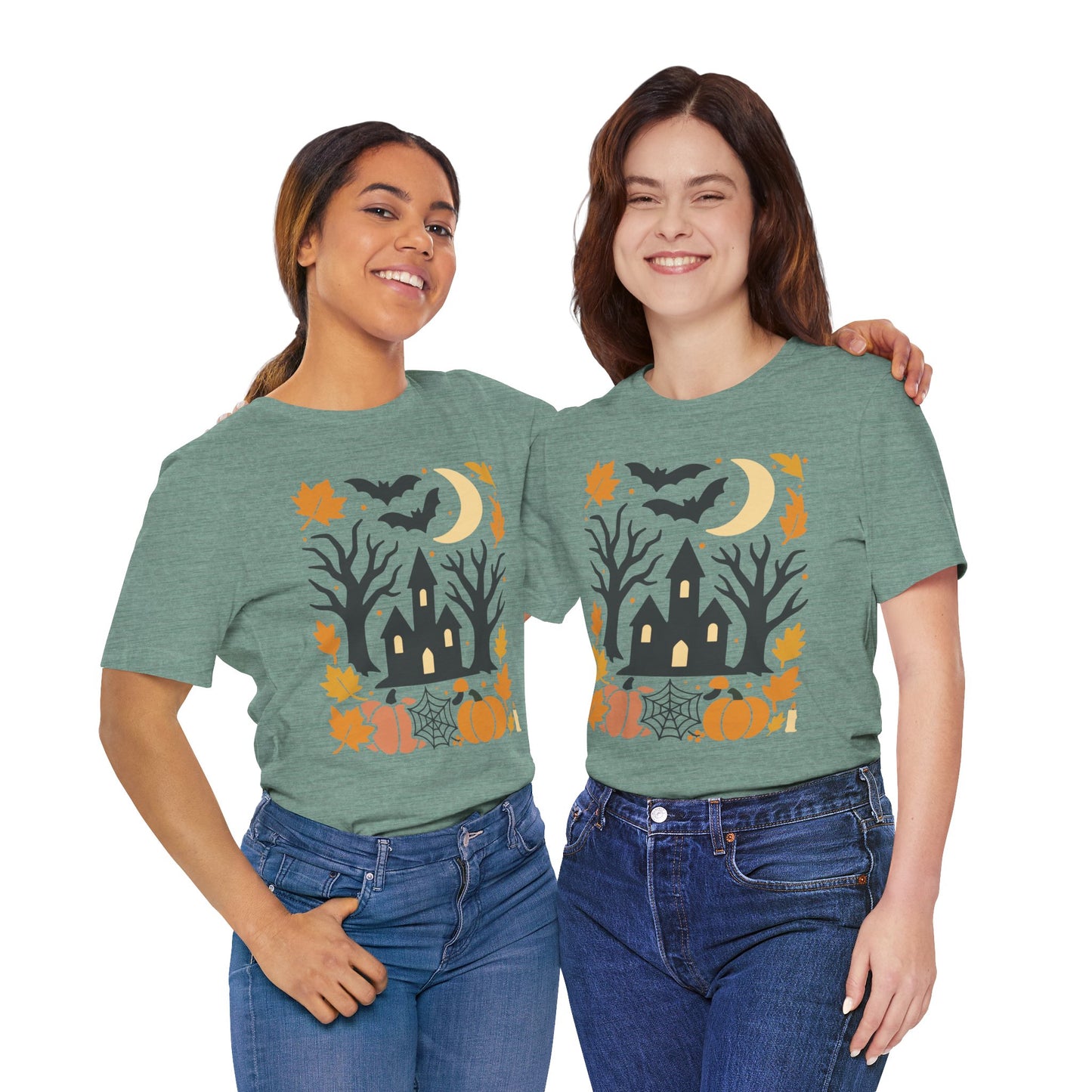Halloween Haunted House Tee, Spooky Shirt, Fall Apparel, Unisex Halloween Top, Pumpkin & Bat Graphic Tee