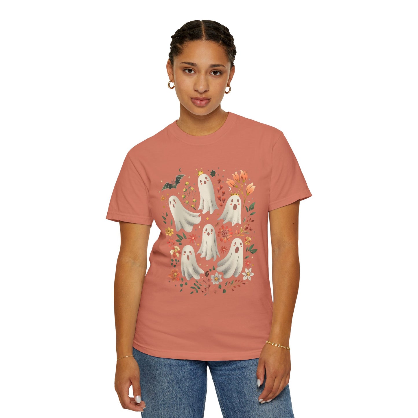 Whimsical Ghost T-Shirt | Halloween Apparel, Unisex Tee, Cute Ghost Design, Floral Graphic Tee, Casual Wear, Spooky Season