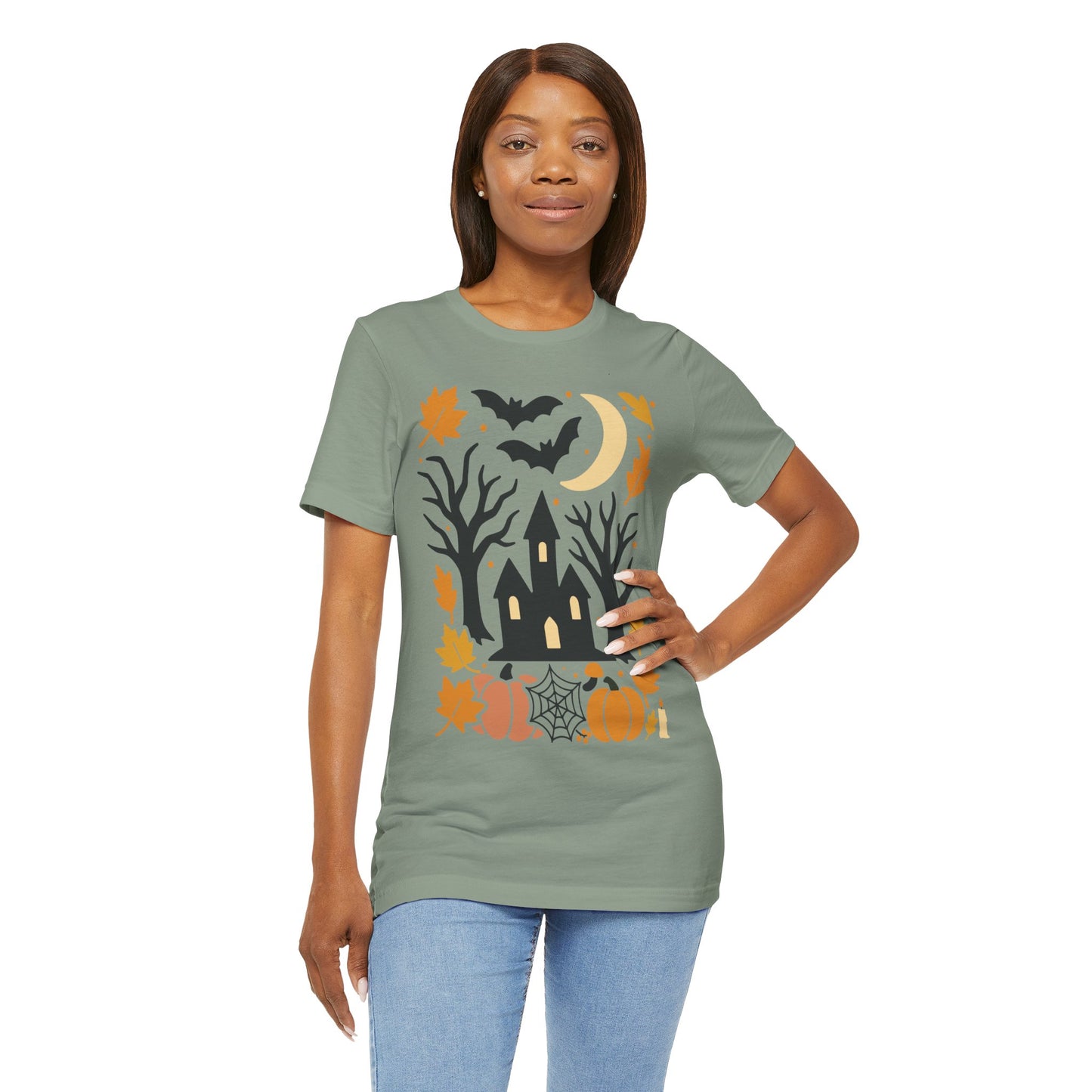 Halloween Haunted House Tee, Spooky Shirt, Fall Apparel, Unisex Halloween Top, Pumpkin & Bat Graphic Tee