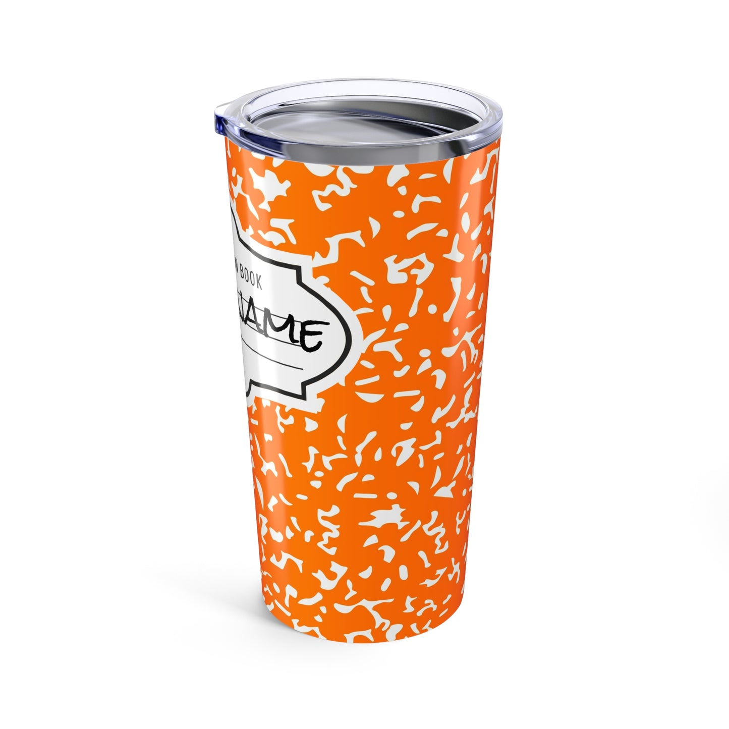 Personalized Composition Book Tumbler, Custom 20oz Travel Mug, Orange and White Insulated Cup, Ideal for Students, Teachers, Graduation Gift