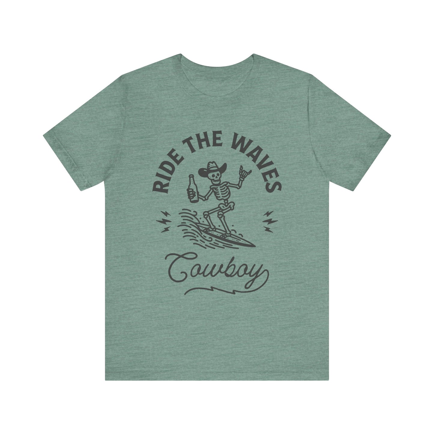 Surfing Skeleton Tee - Ride the Waves Cowboy Shirt, Beachwear, Summer Vibes, Gift for Surfers, Casual T-Shirt