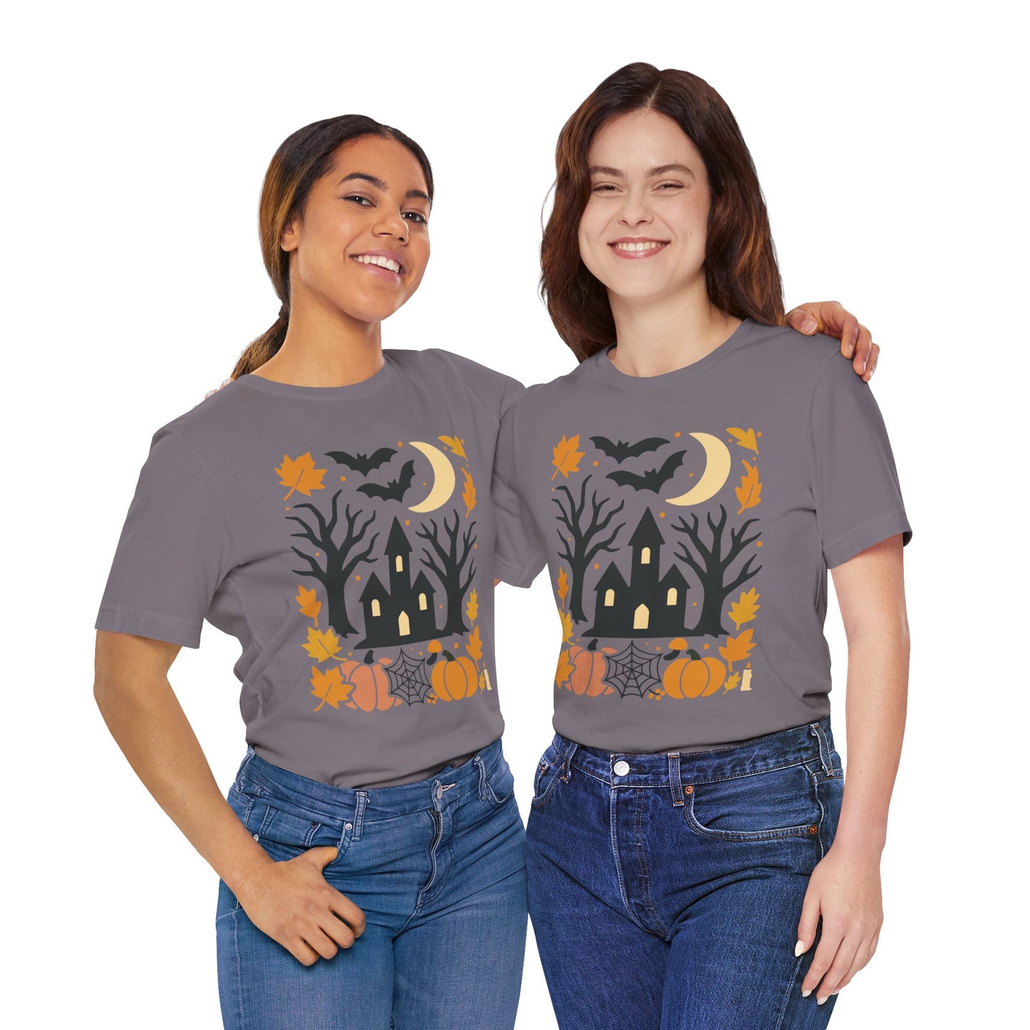Halloween Haunted House Tee, Spooky Shirt, Fall Apparel, Unisex Halloween Top, Pumpkin & Bat Graphic Tee