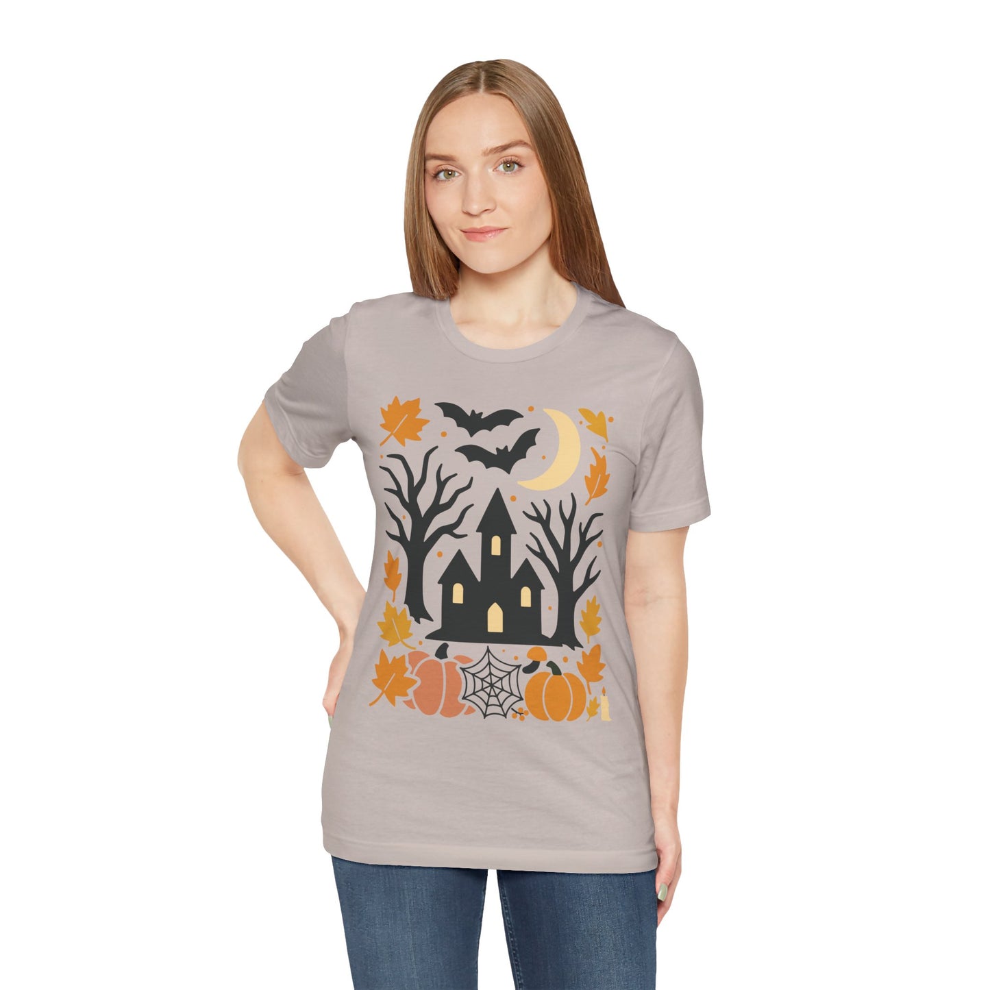 Halloween Haunted House Tee, Spooky Shirt, Fall Apparel, Unisex Halloween Top, Pumpkin & Bat Graphic Tee
