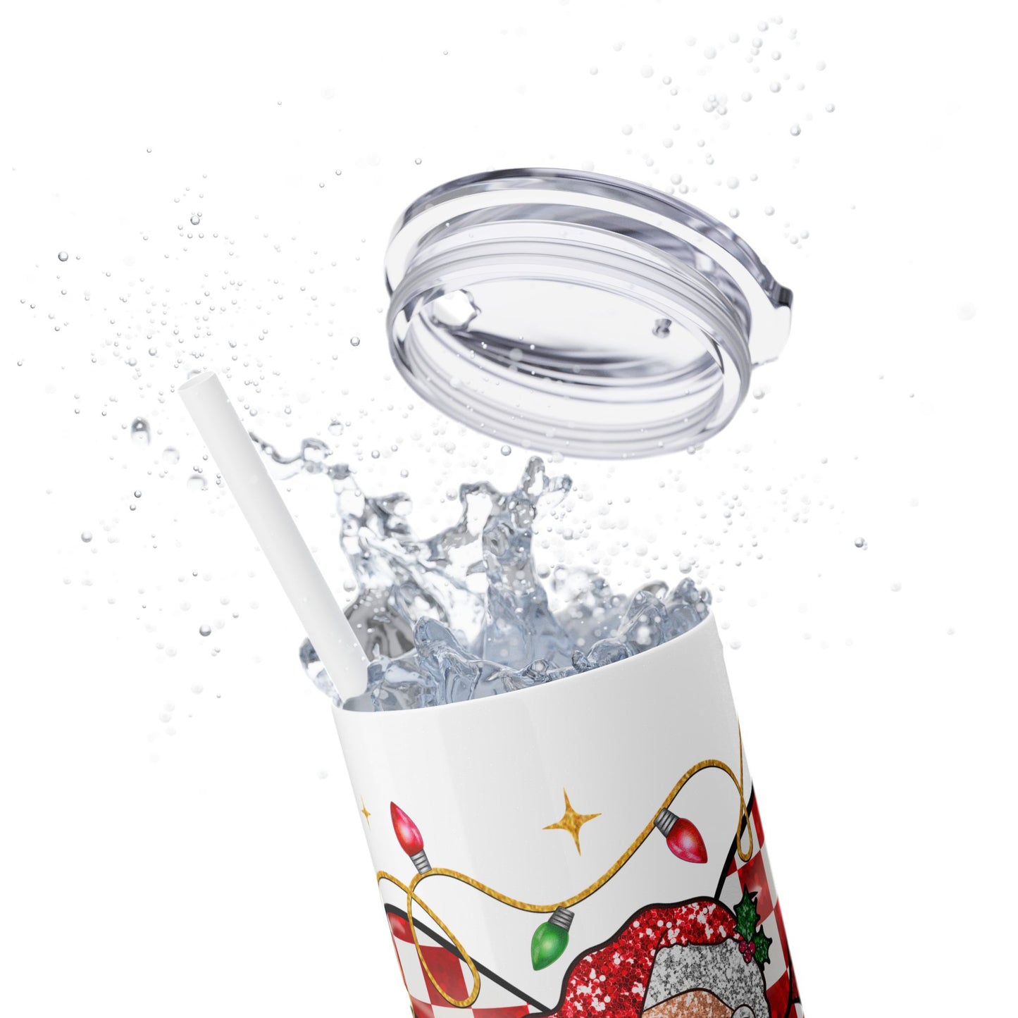 Santa & Checkered Bow Skinny Tumbler, 20 oz - Christmas Holiday Cup, Xmas Drinkware Gift, Festive Travel Mug, Winter Seasonal Beverage